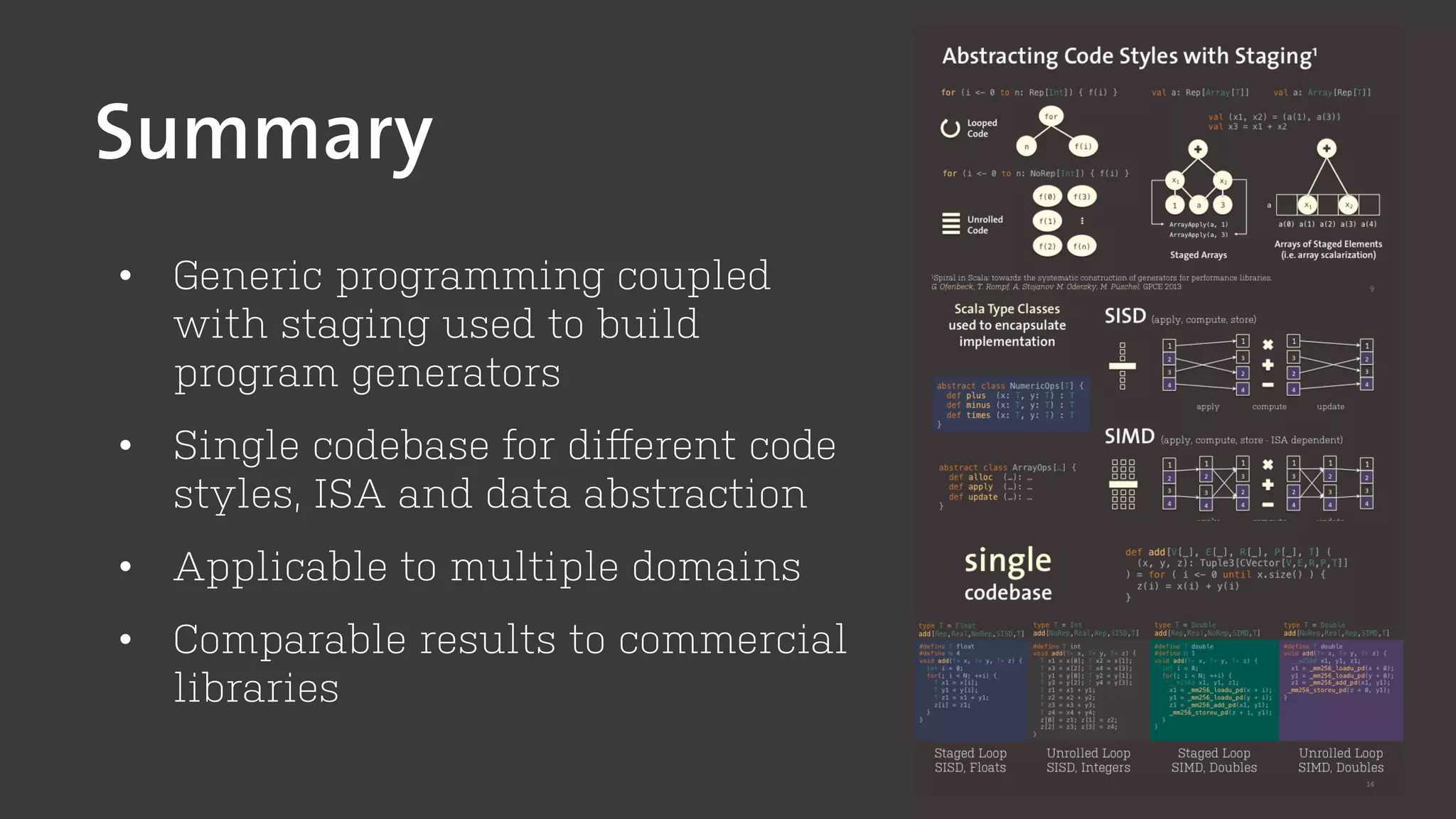 Summary
•  Generic programming coupled
with staging used to build
program generators
•  Single codebase for diﬀerent code
styles, ISA and data abstraction
•  Applicable to multiple domains
•  Comparable results to commercial
libraries
 