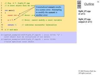 fig04_07.cpp (1 of 1) fig04_07.cpp output (1 of 1) 1  // Fig. 4.7: fig04_07.cpp 2  // A const object must be initialized. 3  4  int  main() 5  { 6  const int x;   // Error: x must be initialized 7  8  x = 7;   // Error: cannot modify a const variable 9  10  return   0 ;  // indicates successful termination 11  12  }  // end main d:\cpphtp4_examples\ch04\Fig04_07.cpp(6) : error C2734: 'x' :   const object must be initialized if not extern d:\cpphtp4_examples\ch04\Fig04_07.cpp(8) : error C2166:  l-value specifies const object   Uninitialized  const  results in a syntax error. Attempting to modify the  const  is another error. 