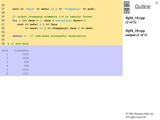 fig04_10.cpp (2 of 2) fig04_10.cpp output (1 of 1) 26  27  cout <<  "Face"  << setw(  13  ) <<  "Frequency"  << endl; 28  29  // output frequency elements 1-6 in tabular format 30  for  (  int  face =  1 ; face <  arraySize ; face++ )  31  cout << setw(  4  ) << face 32  << setw(  13  ) << frequency[ face ] << endl; 33  34  return   0 ;   // indicates successful termination 35  36  }  // end main Face  Frequency 1  1003 2  1004 3  999 4  980 5  1013 6  1001 