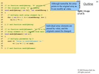 fig04_14.cpp (3 of 3) 52  53  // in function modifyArray, "b" points to  54  // the original array "a" in memory  55  void  modifyArray(  int  b[],  int  sizeOfArray ) 56  {  57  // multiply each array element by 2  58  for (  int  k =  0 ; k < sizeOfArray; k++ )  59  b[ k ] *=  2 ;  60  61  }  // end function modifyArray  62  63  // in function modifyElement, "e" is a local copy of 64  // array element a[ 3 ] passed from main  65  void  modifyElement(  int  e )  66  {  67  // multiply parameter by 2  68  cout <<  "Value in modifyElement is "  69  << ( e *=  2  ) << endl;  70  71  }  // end function modifyElement  Although named  b , the array points to the original array  a . It can modify  a ’s data. Individual array elements are passed by value, and the originals cannot be changed. 