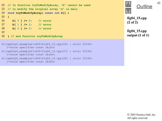 fig04_15.cpp (2 of 2) fig04_15.cpp output (1 of 1) 22  // In function tryToModifyArray, "b" cannot be used 23  // to modify the original array "a" in main.  24  void  tryToModifyArray(  const   int  b[] )  25  {  26  b[  0  ] /=  2 ;  // error  27  b[  1  ] /=  2 ;  // error  28  b[  2  ] /=  2 ;  // error  29  30  }  // end function tryToModifyArray  d:\cpphtp4_examples\ch04\Fig04_15.cpp(26) : error C2166:   l-value specifies const object d:\cpphtp4_examples\ch04\Fig04_15.cpp(27) : error C2166:    l-value specifies const object d:\cpphtp4_examples\ch04\Fig04_15.cpp(28) : error C2166:    l-value specifies const object 