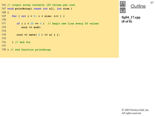 fig04_17.cpp (8 of 8) 166  // output array contents (20 values per row) 167  void  printArray(  const   int  a[],  int  size ) 168  { 169  for  (  int  i =  0 ; i < size; i++ ) { 170  171  if  ( i %  20  ==  0  )  // begin new line every 20 values 172  cout << endl; 173  174  cout << setw(  2  ) << a[ i ]; 175  176  }  // end for 177  178  }  // end function printArray 