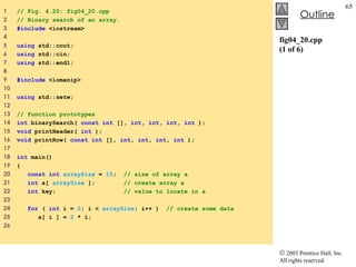 fig04_20.cpp (1 of 6) 1  // Fig. 4.20: fig04_20.cpp 2  // Binary search of an array. 3  #include  <iostream> 4  5  using  std::cout; 6  using  std::cin; 7  using  std::endl; 8  9  #include  <iomanip> 10  11  using  std::setw; 12  13  // function prototypes 14  int  binarySearch(  const int  [],  int ,  int ,  int ,  int  ); 15  void  printHeader(  int  ); 16  void  printRow(  const int  [],  int ,  int ,  int ,  int  ); 17  18  int  main() 19  { 20  const int   arraySize  =  15 ;  // size of array a 21  int  a[  arraySize  ];  // create array a 22  int  key;  // value to locate in a 23  24  for  (  int  i =  0 ; i <  arraySize ; i++ )  // create some data 25  a[ i ] =  2  * i;  26  