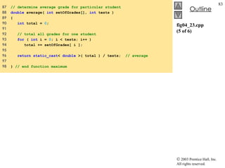 fig04_23.cpp (5 of 6) 87  // determine average grade for particular student  88  double  average(  int  setOfGrades[],  int  tests )  89  {  90  int  total =  0 ;  91  92  // total all grades for one student  93  for  (  int  i =  0 ; i < tests; i++ )  94  total += setOfGrades[ i ];  95  96  return   static_cast <  double  >( total ) / tests;  // average 97  98  }  // end function maximum 