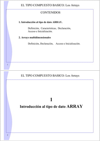 EL TIPO COMPUESTO BASICO: Los Arrays

                        CONTENIDOS


    1. Introducción al tipo de dato ARRAY.

            Definición, Características, Declaración,
            Acceso e Inicialización.

    2. Arrays multidimensionales

            Definición, Declaración, Acceso e Inicialización.




1




     EL TIPO COMPUESTO BASICO: Los Arrays




                                 1
    Introducción al tipo de dato ARRAY




2
 