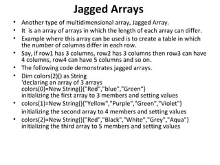Jagged Arrays
• Another type of multidimensional array, Jagged Array.
• It is an array of arrays in which the length of each array can differ.
• Example where this array can be used is to create a table in which
  the number of columns differ in each row.
• Say, if row1 has 3 columns, row2 has 3 columns then row3 can have
  4 columns, row4 can have 5 columns and so on.
• The following code demonstrates jagged arrays.
• Dim colors(2)() as String
  'declaring an array of 3 arrays
  colors(0)=New String(){"Red","blue","Green“}
  initializing the first array to 3 members and setting values
• colors(1)=New String(){"Yellow","Purple","Green","Violet"}
  initializing the second array to 4 members and setting values
• colors(2)=New String(){"Red","Black","White","Grey","Aqua"}
  initializing the third array to 5 members and setting values
 