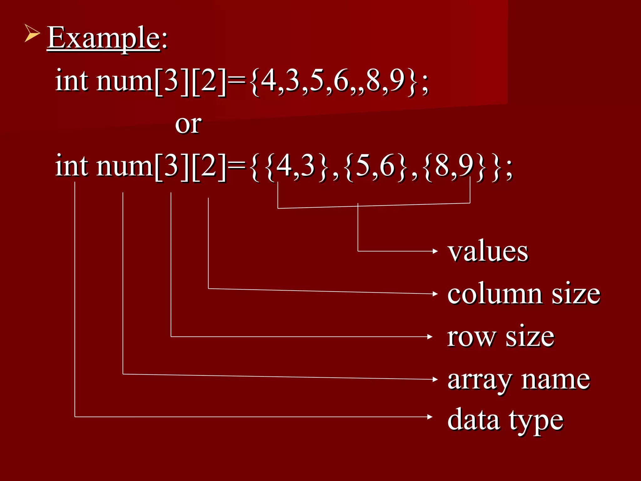  Example:
  int num[3][2]={4,3,5,6,,8,9};
           or
  int num[3][2]={{4,3},{5,6},{8,9}};

                              values
                              column size
                              row size
                              array name
                              data type
 