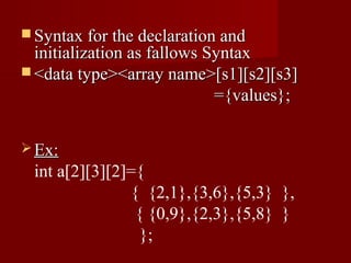  Syntax for the declaration and
  initialization as fallows Syntax
 <data type><array name>[s1][s2][s3]
                             ={values};

 Ex:
 int a[2][3][2]={
               { {2,1},{3,6},{5,3} },
                { {0,9},{2,3},{5,8} }
                 };
 