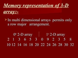 Memory representation of 3-D
array:-
 In multi dimensional arrays   permits only
 a row major arrangement.

     0th 2-D array    1st 2-D array
 2 1 3 6 5 3 0 9 2 3 5 8
 10 12 14 16 18 20 22 24 26 28 30 32
 