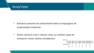 Array/Vetor
 Estrutura presente em praticamente todas as linguagens de
programação modernas.
 Várias variáveis com o mesmo nome ou variável capaz de
armazenar vários valores simultâneos.
 