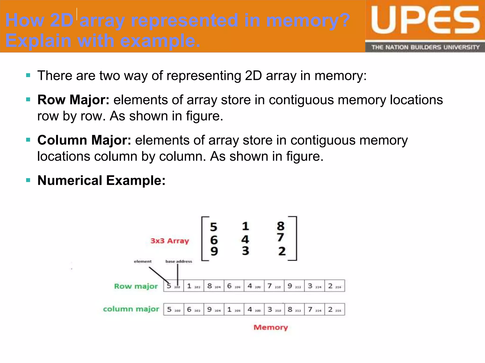 © 2015UPESJuly 2015 Department. Of Civil Engineering
How 2D array represented in memory?
Explain with example.
 There are two way of representing 2D array in memory:
 Row Major: elements of array store in contiguous memory locations
row by row. As shown in figure.
 Column Major: elements of array store in contiguous memory
locations column by column. As shown in figure.
 Numerical Example:
 