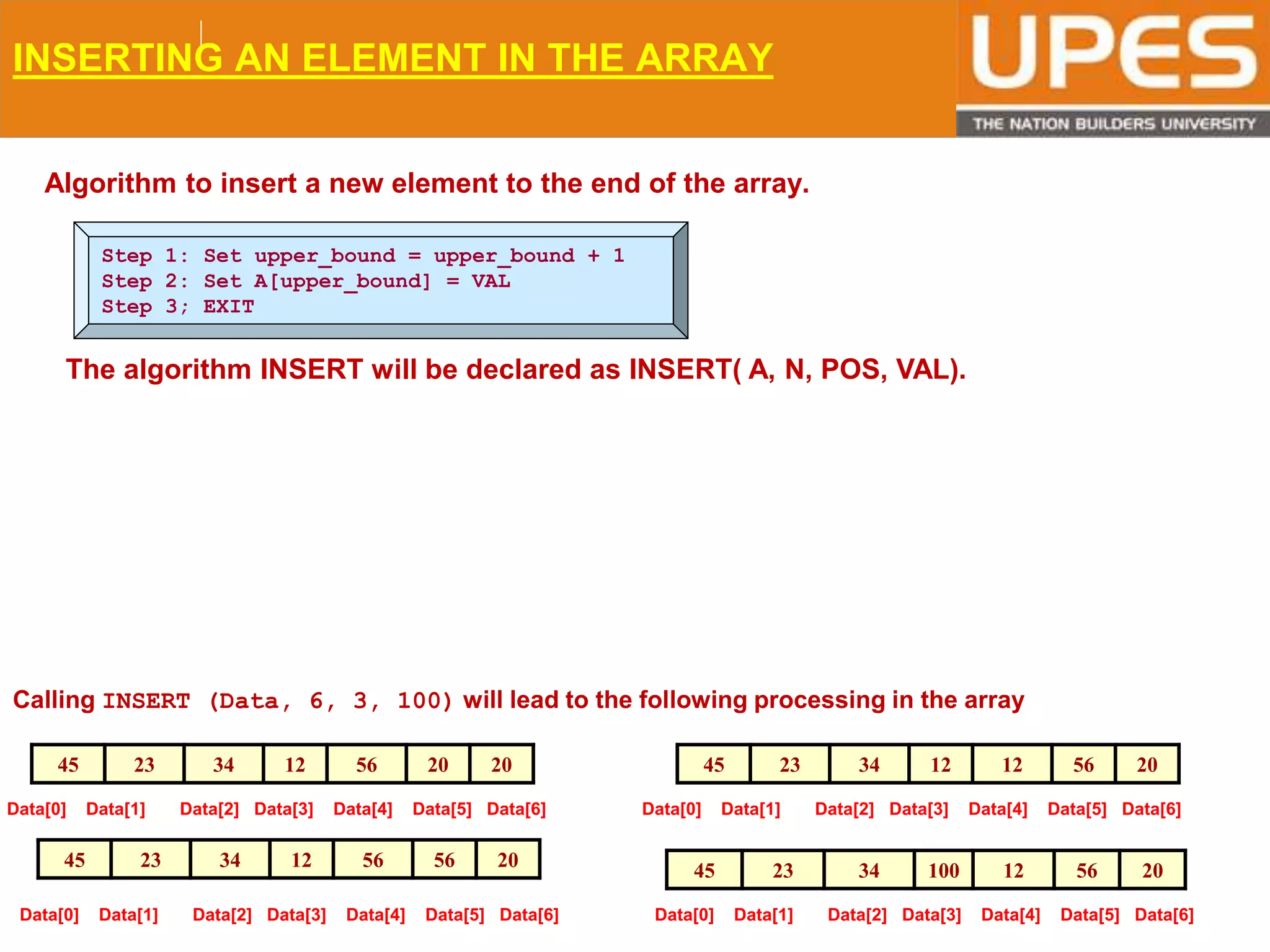 © 2015UPESJuly 2015 Department. Of Civil Engineering
INSERTING AN ELEMENT IN THE ARRAY
Algorithm to insert a new element to the end of the array.
Step 1: Set upper_bound = upper_bound + 1
Step 2: Set A[upper_bound] = VAL
Step 3; EXIT
The algorithm INSERT will be declared as INSERT( A, N, POS, VAL).
Calling INSERT (Data, 6, 3, 100) will lead to the following processing in the array
45 23 34 12 56 20 20
Data[0] Data[1] Data[2] Data[3] Data[4] Data[5] Data[6]
45 23 34 12 56 56 20
Data[0] Data[1] Data[2] Data[3] Data[4] Data[5] Data[6]
45 23 34 12 12 56 20
Data[0] Data[1] Data[2] Data[3] Data[4] Data[5] Data[6]
45 23 34 100 12 56 20
Data[0] Data[1] Data[2] Data[3] Data[4] Data[5] Data[6]
 