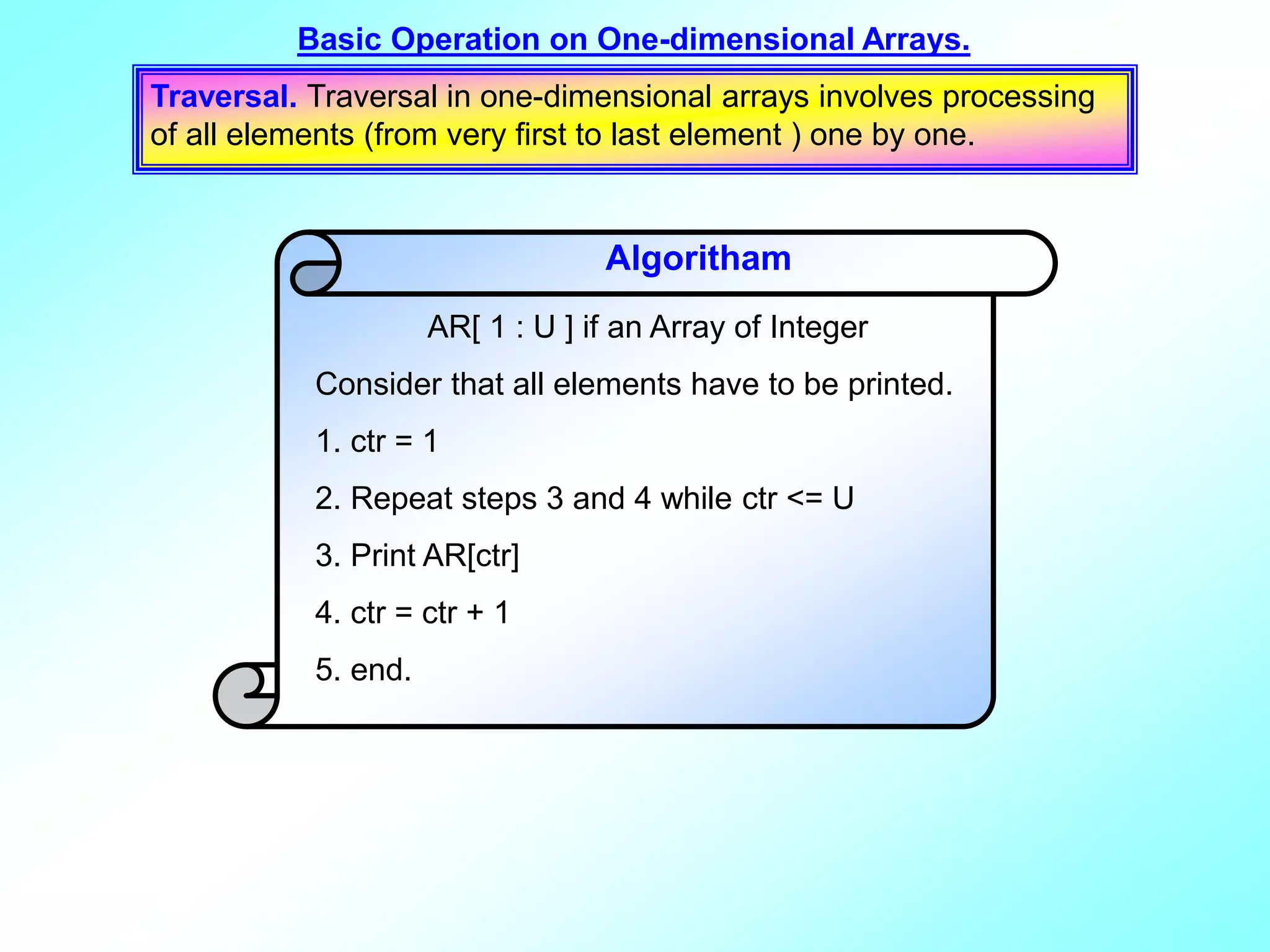 Traversal. Traversal in one-dimensional arrays involves processing of all elements (from very first to last element ) one by one. AR[ 1 : U ] if an Array of Integer Consider that all elements have to be printed. 1. ctr = 1 2. Repeat steps 3 and 4 while ctr <= U 3. Print AR[ctr] 4. ctr = ctr + 1 5. end. Basic Operation on One-dimensional Arrays. Algoritham 