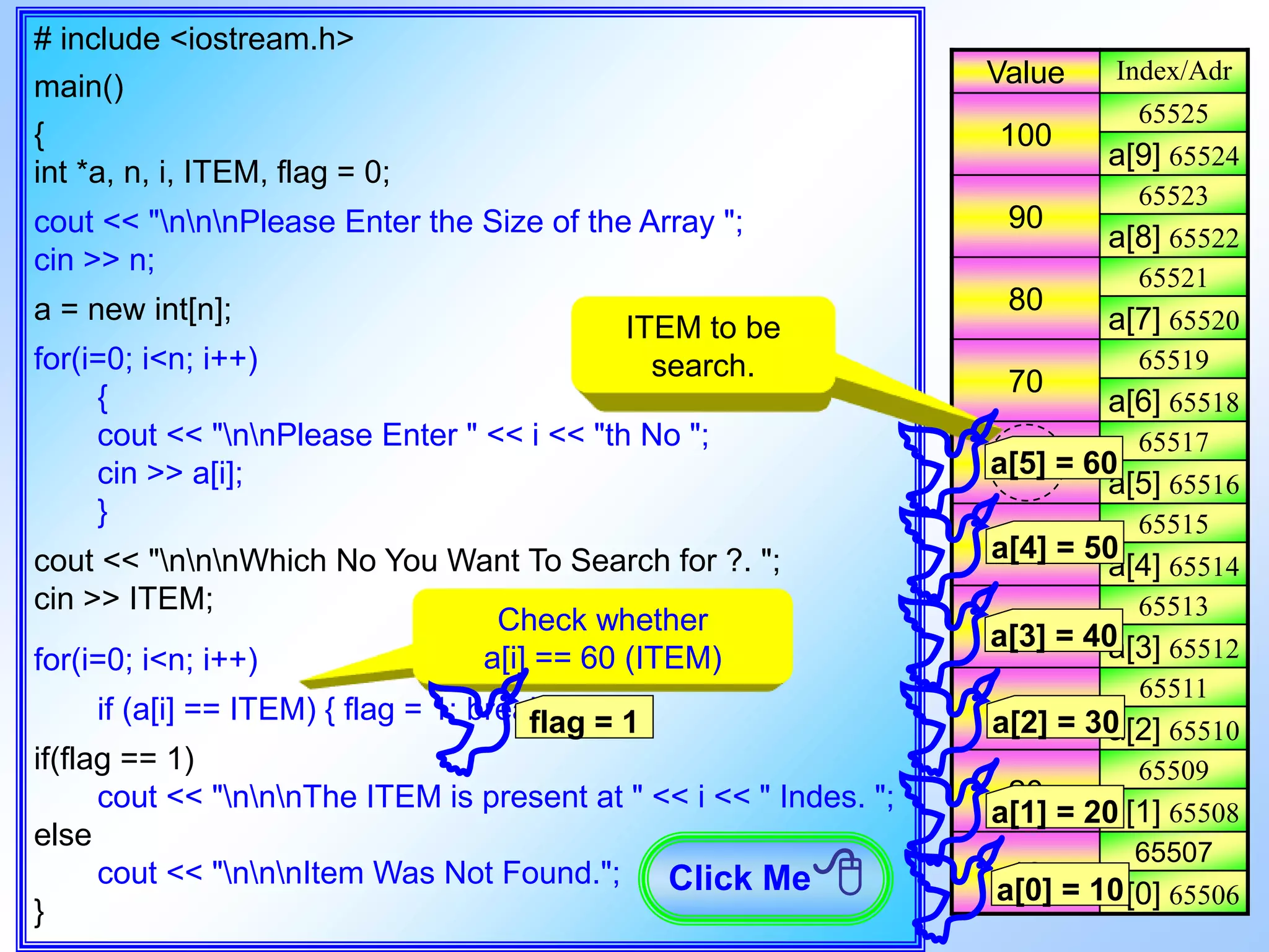 # include <iostream.h> main() { int *a, n, i, ITEM, flag = 0; cout << "nnnPlease Enter the Size of the Array "; cin >> n; a = new int[n]; for(i=0; i<n; i++) { cout << "nnPlease Enter " << i << "th No "; cin >> a[i]; } cout << "nnnWhich No You Want To Search for ?. "; cin >> ITEM; for(i=0; i<n; i++) if (a[i] == ITEM) { flag = 1; break; } if(flag == 1) cout << "nnnThe ITEM is present at " << i << " Indes. "; else cout << "nnnItem Was Not Found."; } Value Index/Adr 100 65525 a[9] 65524 90 65523 a[8] 65522 80 65521 a[7] 65520 70 65519 a[6] 65518 60 65517 a[5] 65516 50 65515 a[4] 65514 40 65513 a[3] 65512 30 65511 a[2] 65510 20 65509 a[1] 65508 10 65507 a[0] 65506 Click Me Check whether a[i] == 60 (ITEM) ITEM to be search. a[0] = 10 a[2] = 30 a[3] = 40 a[4] = 50 a[5] = 60 a[1] = 20 flag = 1 