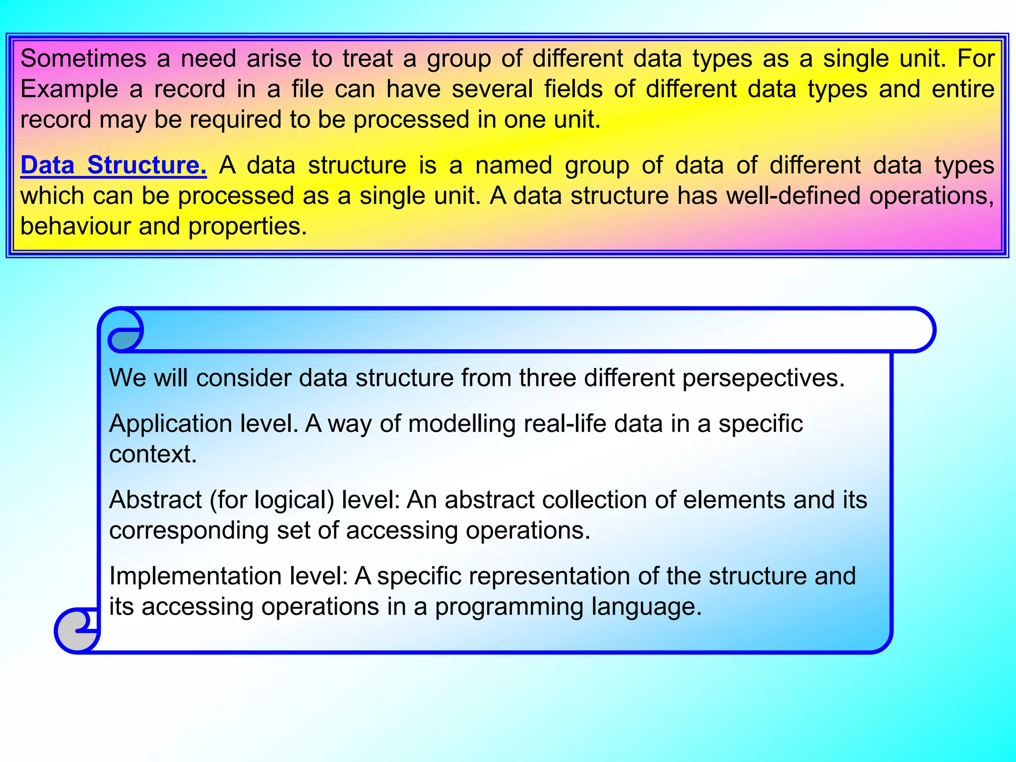 Sometimes a need arise to treat a group of different data types as a single unit. For Example a record in a file can have several fields of different data types and entire record may be required to be processed in one unit. Data Structure. A data structure is a named group of data of different data types which can be processed as a single unit. A data structure has well-defined operations, behaviour and properties. We will consider data structure from three different persepectives. Application level. A way of modelling real-life data in a specific context. Abstract (for logical) level: An abstract collection of elements and its corresponding set of accessing operations. Implementation level: A specific representation of the structure and its accessing operations in a programming language. 