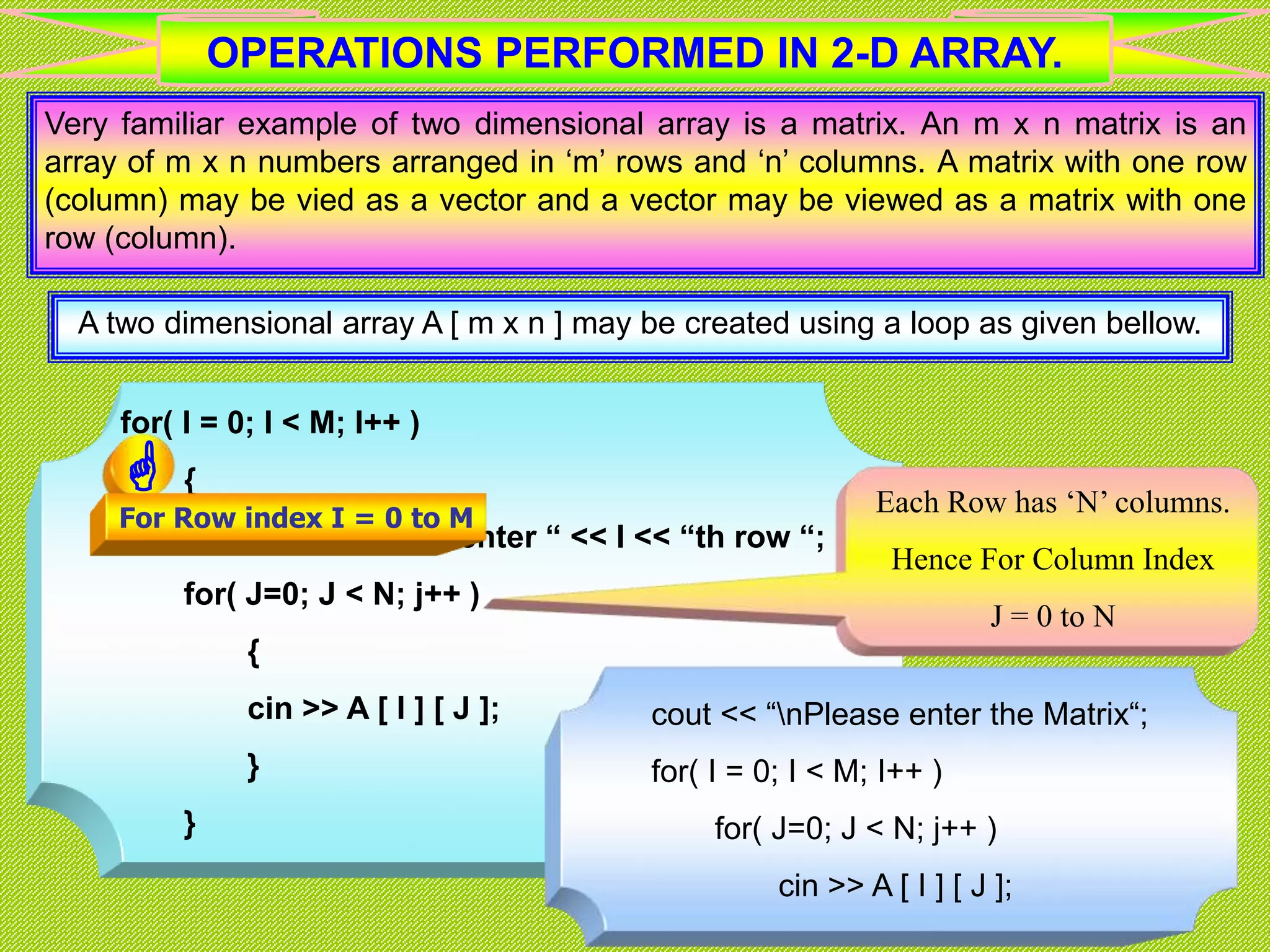 Very familiar example of two dimensional array is a matrix. An m x n matrix is an array of m x n numbers arranged in ‘m’ rows and ‘n’ columns. A matrix with one row (column) may be vied as a vector and a vector may be viewed as a matrix with one row (column). A two dimensional array A [ m x n ] may be created using a loop as given bellow. for( I = 0; I < M; I++ ) { cout << “nPlease enter “ << I << “th row “; for( J=0; J < N; j++ ) { cin >> A [ I ] [ J ]; } } cout << “nPlease enter the Matrix“; for( I = 0; I < M; I++ ) for( J=0; J < N; j++ ) cin >> A [ I ] [ J ]; OPERATIONS PERFORMED IN 2-D ARRAY. Each Row has ‘N’ columns. Hence For Column Index J = 0 to N  For Row index I = 0 to M 