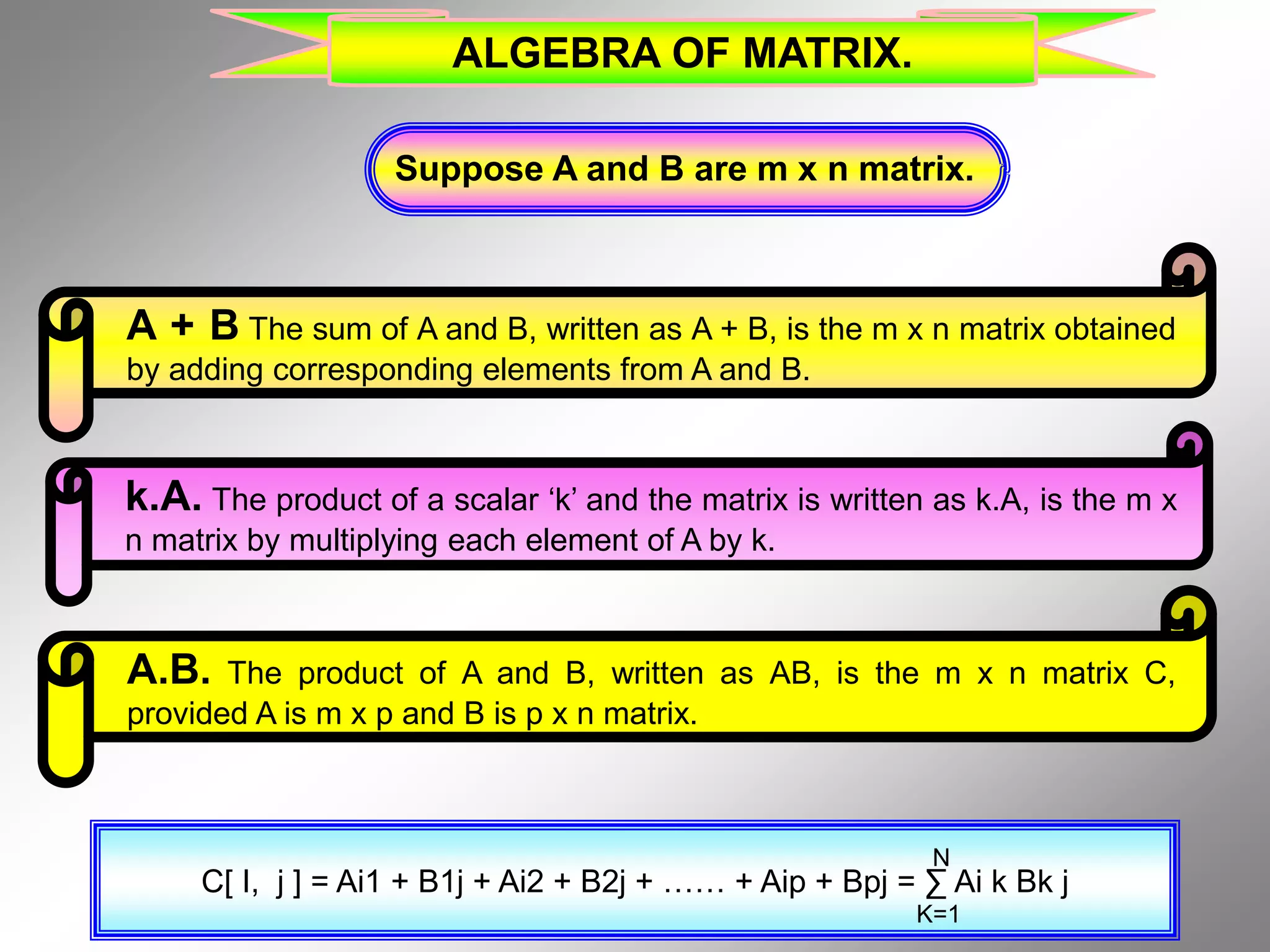 A + B The sum of A and B, written as A + B, is the m x n matrix obtained by adding corresponding elements from A and B. C[ I, j ] = Ai1 + B1j + Ai2 + B2j + …… + Aip + Bpj = ∑ Ai k Bk j ALGEBRA OF MATRIX. Suppose A and B are m x n matrix. k.A. The product of a scalar ‘k’ and the matrix is written as k.A, is the m x n matrix by multiplying each element of A by k. A.B. The product of A and B, written as AB, is the m x n matrix C, provided A is m x p and B is p x n matrix. K=1 N 