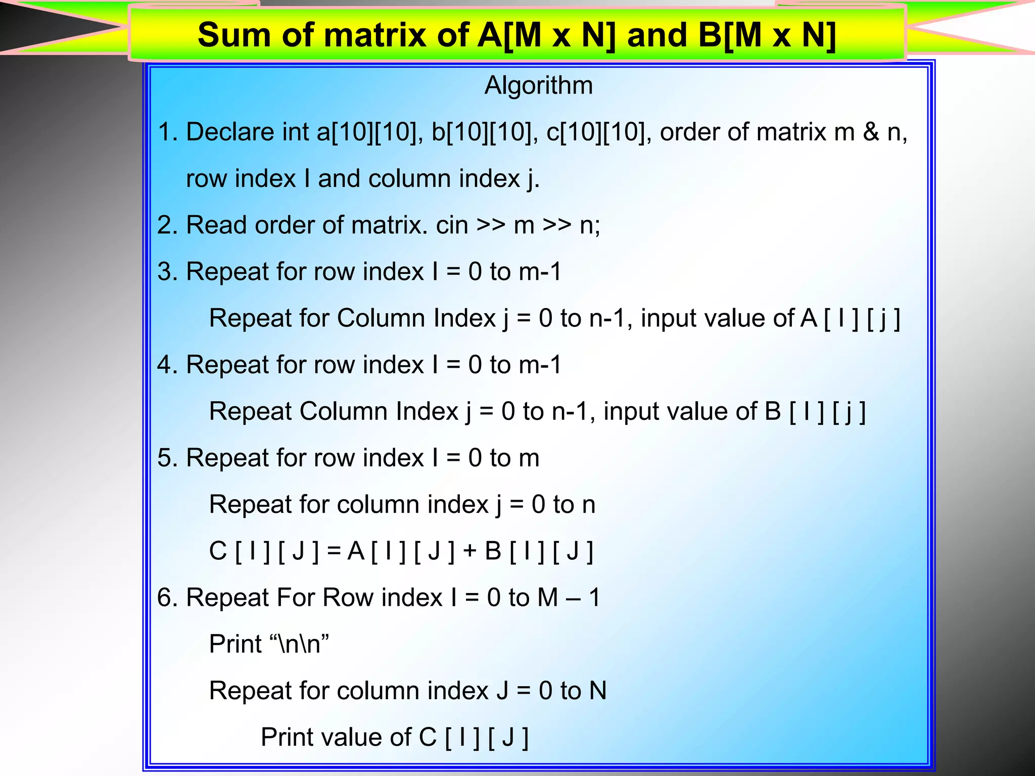 Algorithm 1. Declare int a[10][10], b[10][10], c[10][10], order of matrix m & n, row index I and column index j. 2. Read order of matrix. cin >> m >> n; 3. Repeat for row index I = 0 to m-1 Repeat for Column Index j = 0 to n-1, input value of A [ I ] [ j ] 4. Repeat for row index I = 0 to m-1 Repeat Column Index j = 0 to n-1, input value of B [ I ] [ j ] 5. Repeat for row index I = 0 to m Repeat for column index j = 0 to n C [ I ] [ J ] = A [ I ] [ J ] + B [ I ] [ J ] 6. Repeat For Row index I = 0 to M – 1 Print “nn” Repeat for column index J = 0 to N Print value of C [ I ] [ J ] Sum of matrix of A[M x N] and B[M x N] 