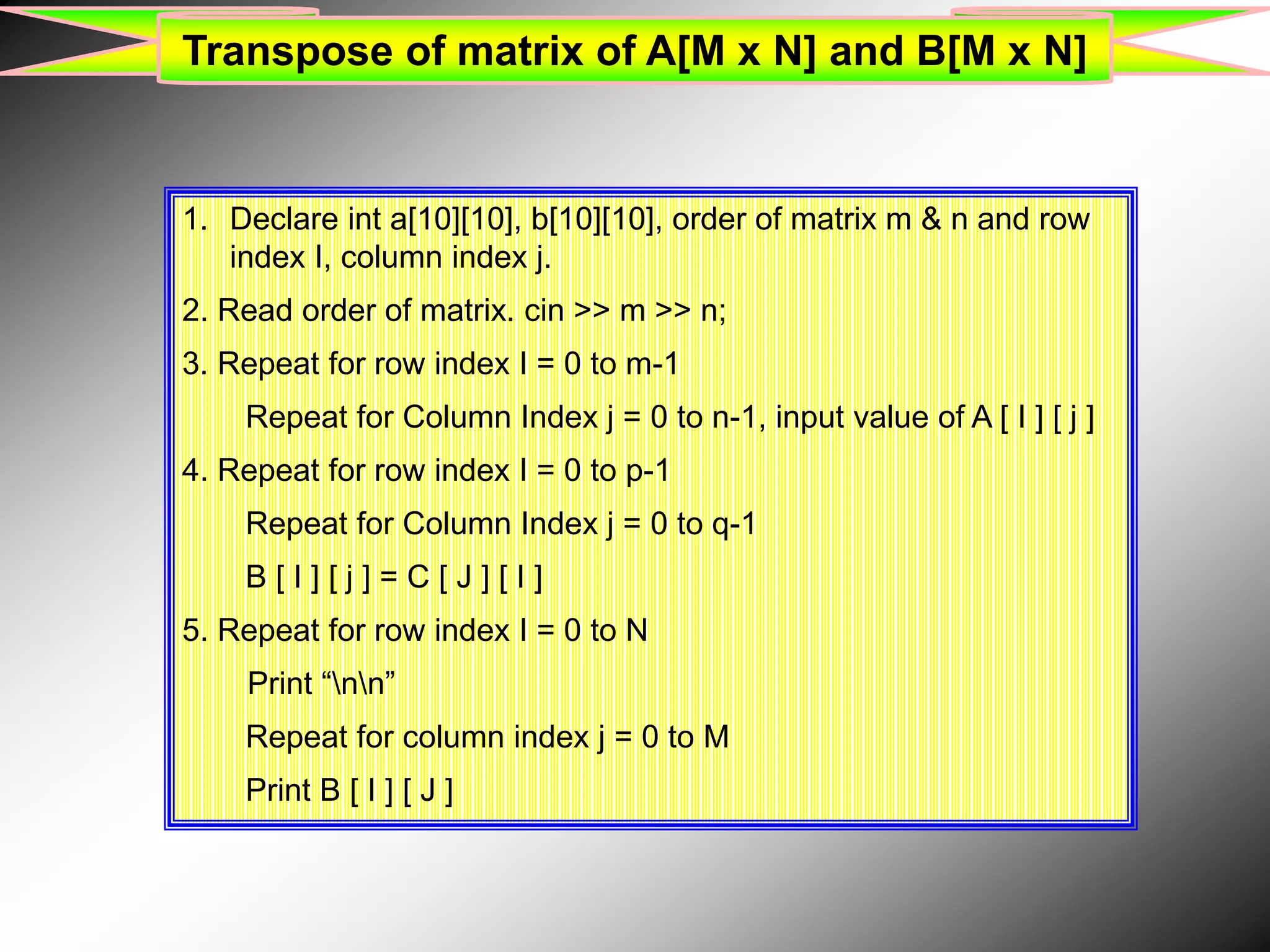 Transpose of matrix of A[M x N] and B[M x N] 1. Declare int a[10][10], b[10][10], order of matrix m & n and row index I, column index j. 2. Read order of matrix. cin >> m >> n; 3. Repeat for row index I = 0 to m-1 Repeat for Column Index j = 0 to n-1, input value of A [ I ] [ j ] 4. Repeat for row index I = 0 to p-1 Repeat for Column Index j = 0 to q-1 B [ I ] [ j ] = C [ J ] [ I ] 5. Repeat for row index I = 0 to N Print “nn” Repeat for column index j = 0 to M Print B [ I ] [ J ] 
