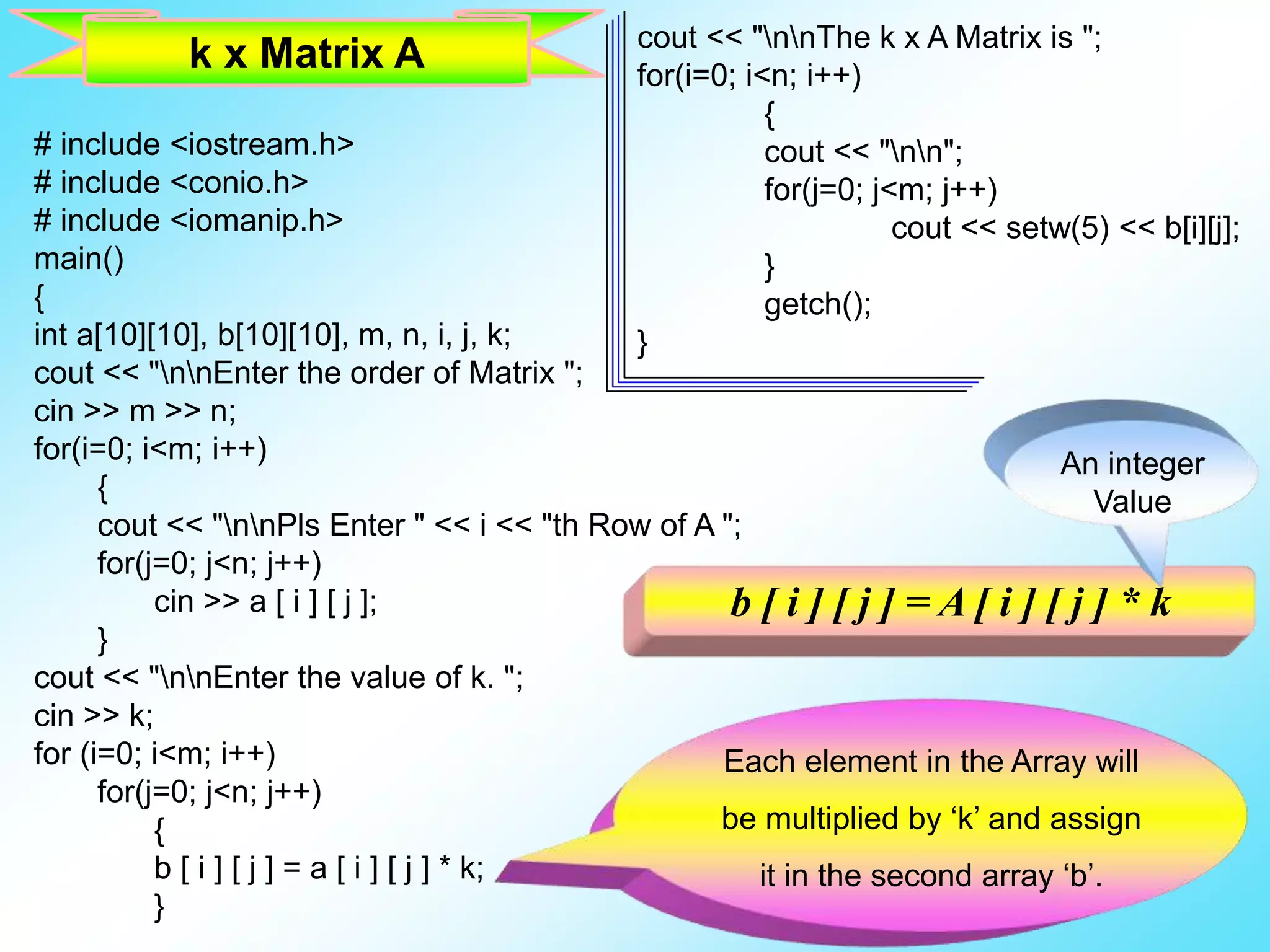 # include <iostream.h> # include <conio.h> # include <iomanip.h> main() { int a[10][10], b[10][10], m, n, i, j, k; cout << "nnEnter the order of Matrix "; cin >> m >> n; for(i=0; i<m; i++) { cout << "nnPls Enter " << i << "th Row of A "; for(j=0; j<n; j++) cin >> a [ i ] [ j ]; } cout << "nnEnter the value of k. "; cin >> k; for (i=0; i<m; i++) for(j=0; j<n; j++) { b [ i ] [ j ] = a [ i ] [ j ] * k; } cout << "nnThe k x A Matrix is "; for(i=0; i<n; i++) { cout << "nn"; for(j=0; j<m; j++) cout << setw(5) << b[i][j]; } getch(); } Each element in the Array will be multiplied by ‘k’ and assign it in the second array ‘b’. b [ i ] [ j ] = A [ i ] [ j ] * k k x Matrix A An integer Value 