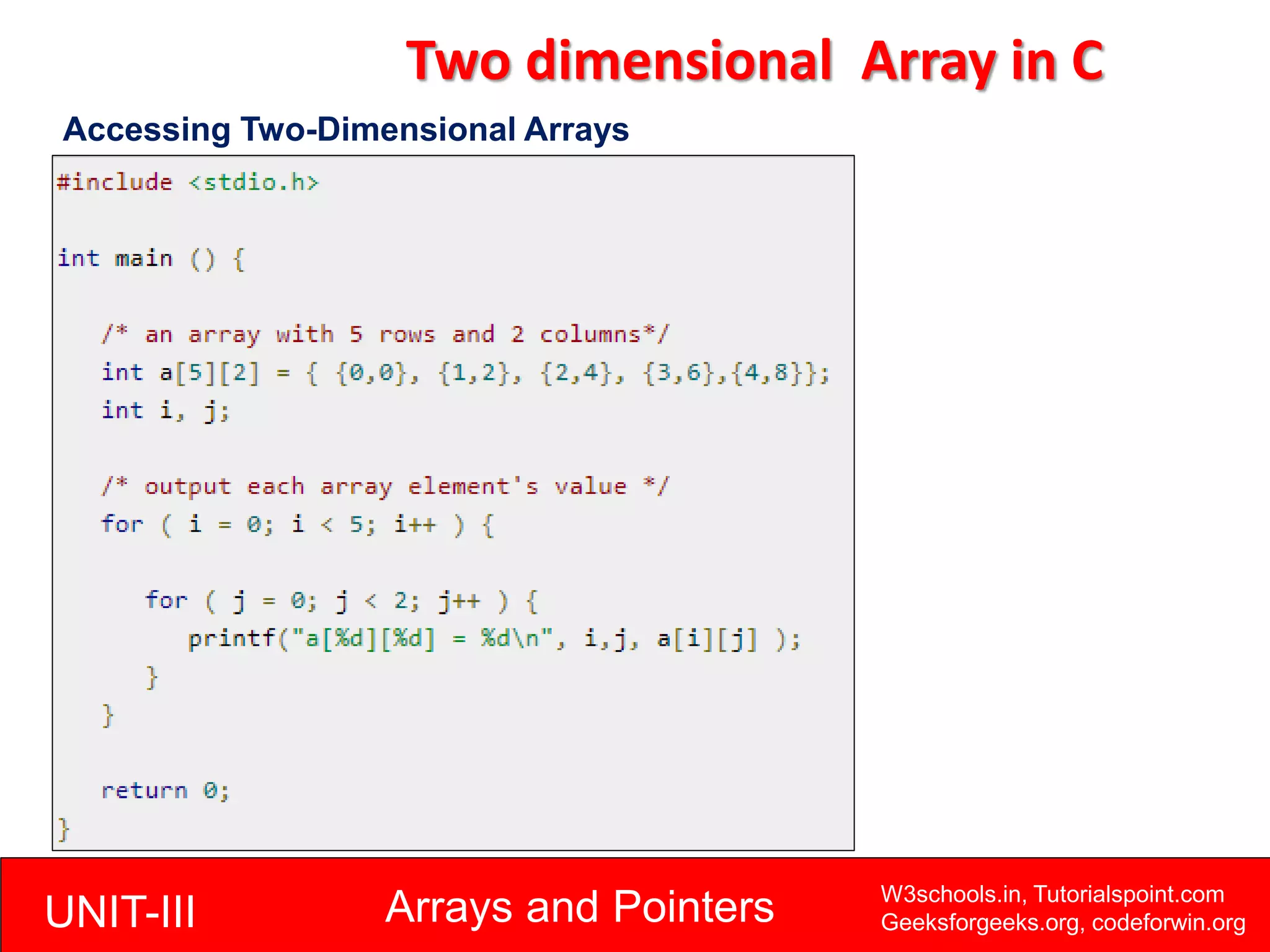 UNIT-III Arrays and Pointers W3schools.in, Tutorialspoint.com
Geeksforgeeks.org, codeforwin.org
Two dimensional Array in C
Accessing Two-Dimensional Arrays
 