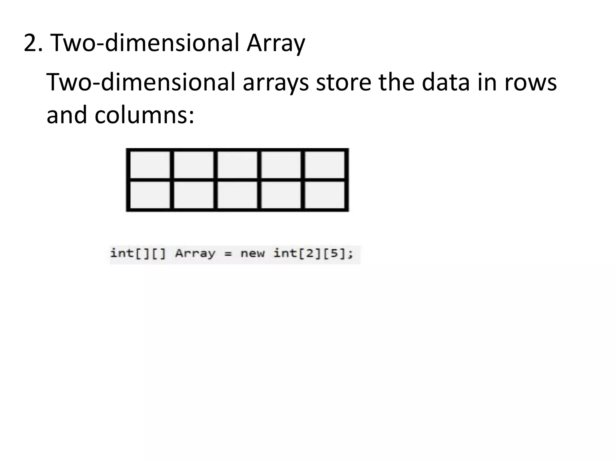 2. Two-dimensional Array
Two-dimensional arrays store the data in rows
and columns:
 