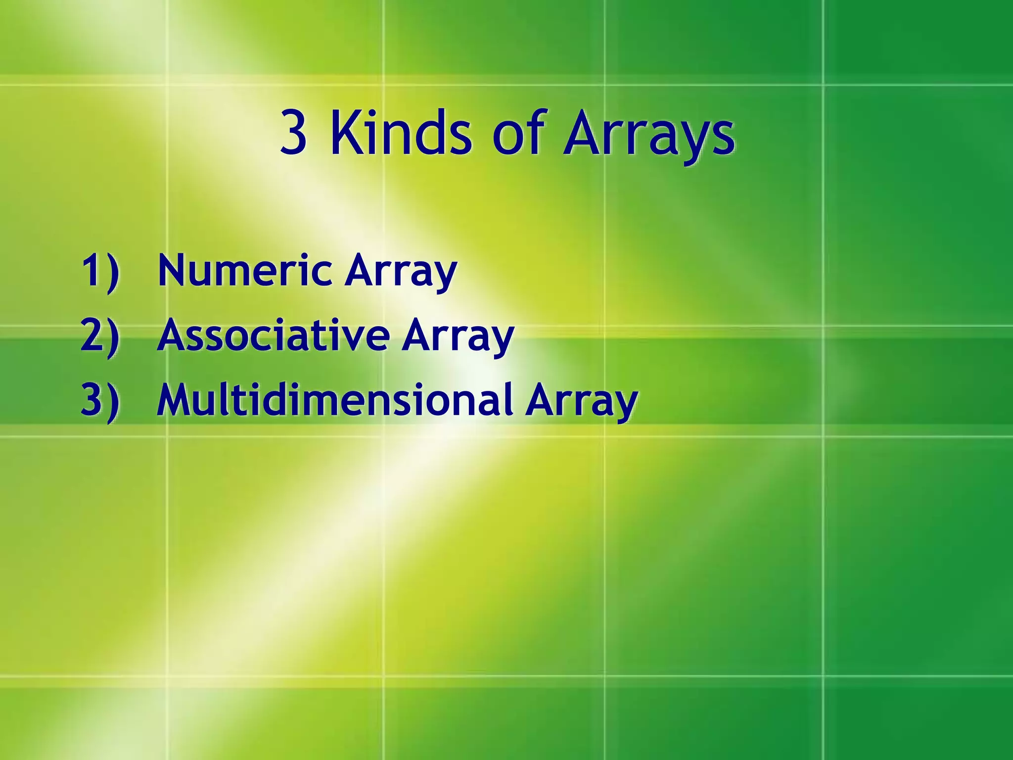 3 Kinds of Arrays
1) Numeric Array
2) Associative Array
3) Multidimensional Array
 