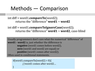 Methods — Comparison
int diff = word1.compareTo(word2);
returns the “difference” word1 - word2
int diff = word1.compareToIgnoreCase(word2);
returns the “difference” word1 - word2, case-blind
Usually programmers don’t care what the numerical “difference” of
word1 - word2 is, just whether the difference is
negative (word1 comes before word2),
zero (word1 and word2 are equal) or
positive (word1 comes after word2).
Often used in conditional statements.
if(word1.compareTo(word2) > 0){
//word1 comes after word2…
}
 