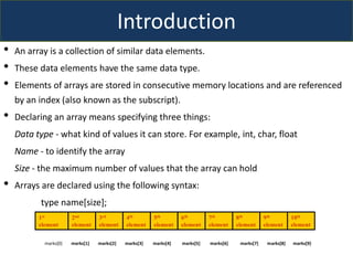 • An array is a collection of similar data elements.
• These data elements have the same data type.
• Elements of arrays are stored in consecutive memory locations and are referenced
by an index (also known as the subscript).
• Declaring an array means specifying three things:
Data type - what kind of values it can store. For example, int, char, float
Name - to identify the array
Size - the maximum number of values that the array can hold
• Arrays are declared using the following syntax:
type name[size];
1st
element
2nd
element
3rd
element
4th
element
5th
element
6th
element
7th
element
8th
element
9th
element
10th
element
marks[0] marks[1] marks[2] marks[3] marks[4] marks[5] marks[6] marks[7] marks[8] marks[9]
Introduction
 