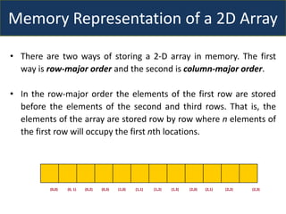 Memory Representation of a 2D Array
• There are two ways of storing a 2-D array in memory. The first
way is row-major order and the second is column-major order.
• In the row-major order the elements of the first row are stored
before the elements of the second and third rows. That is, the
elements of the array are stored row by row where n elements of
the first row will occupy the first nth locations.
(0,0) (0, 1) (0,2) (0,3) (1,0) (1,1) (1,2) (1,3) (2,0) (2,1) (2,2) (2,3)
 