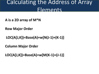 Calculating the Address of Array
Elements
A is a 2D array of M*N
Row Major Order
LOC(A[J,K])=Base(A)+w[N(J-1)+(K-1)]
Column Major Order
LOC(A[J,K])=Base(A)+w[M(K-1)+(J-1)]
 