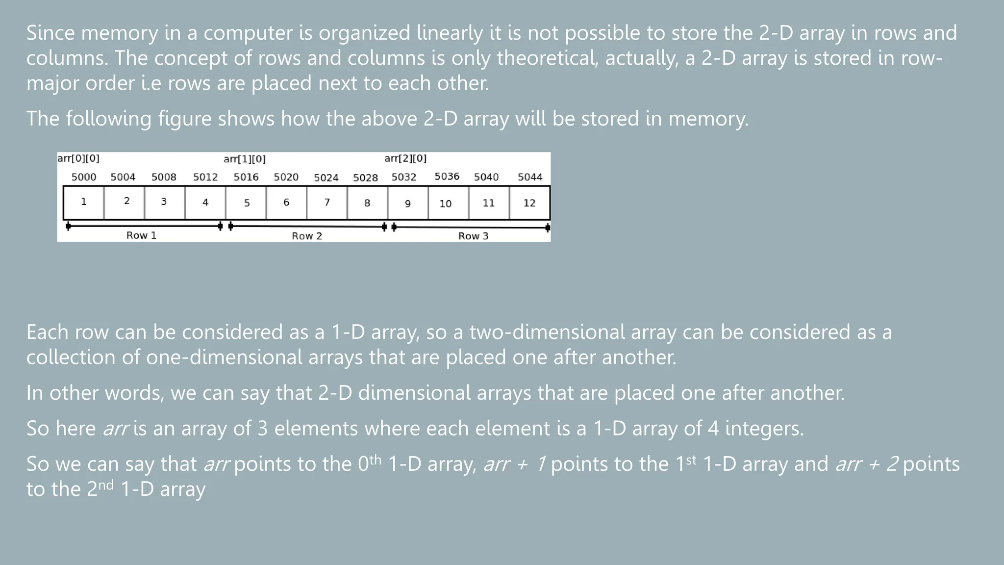 Since memory in a computer is organized linearly it is not possible to store the 2-D array in rows and
columns. The concept of rows and columns is only theoretical, actually, a 2-D array is stored in row-
major order i.e rows are placed next to each other.
The following figure shows how the above 2-D array will be stored in memory.
Each row can be considered as a 1-D array, so a two-dimensional array can be considered as a
collection of one-dimensional arrays that are placed one after another.
In other words, we can say that 2-D dimensional arrays that are placed one after another.
So here arr is an array of 3 elements where each element is a 1-D array of 4 integers.
So we can say that arr points to the 0th 1-D array, arr + 1 points to the 1st 1-D array and arr + 2 points
to the 2nd 1-D array
 