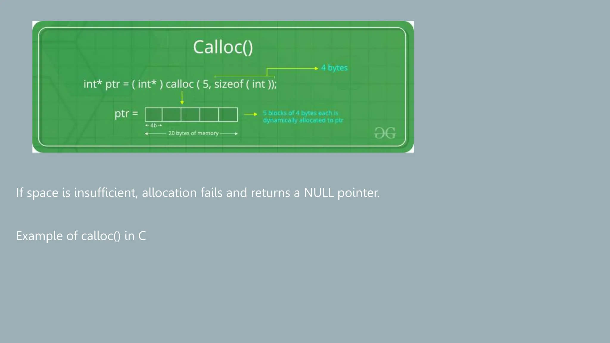 If space is insufficient, allocation fails and returns a NULL pointer.
Example of calloc() in C
 