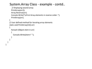 System.Array Class - example - contd..
// Displaying second array
PrintArray(arr2);
Array.Reverse(arr);
Console.Write("nFirst Array elements in reverse order: ");
PrintArray(arr);
}
// User defined method for iterating array elements
static void PrintArray(int[] arr)
{
foreach (Object elem in arr)
{
Console.Write(elem+" ");
}
}
}
}
 