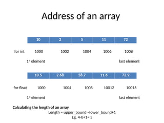 Address of an array
10 2 5 11 72
for int 1000 1002 1004 1006 1008
1st
element last element
10.5 2.68 58.7 11.6 72.9
for float 1000 1004 1008 10012 10016
1st
element last element
Calculating the length of an array
Length = upper_bound –lower_bound+1
Eg. 4-0+1= 5
 