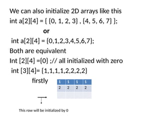 We can also initialize 2D arrays like this
int a[2][4] = { {0, 1, 2, 3} , {4, 5, 6, 7} };
or
int a[2][4] = {0,1,2,3,4,5,6,7};
Both are equivalent
Int [2][4] ={0} ;// all initialized with zero
int [3][4]= {1,1,1,1,2,2,2,2}
firstly 1 1 1 1
2 2 2 2
This row will be initialized by 0
 