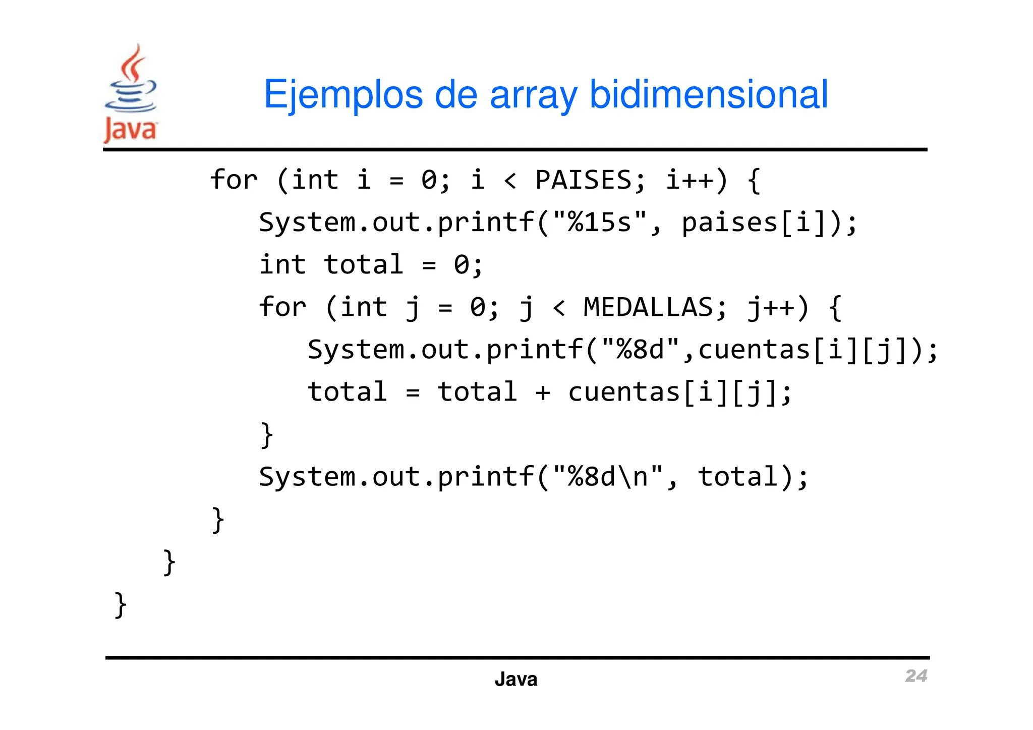 Ejemplos de array bidimensional
for (int i = 0; i < PAISES; i++) {
System.out.printf("%15s", paises[i]);
int total = 0;
for (int j = 0; j < MEDALLAS; j++) {
System.out.printf("%8d",cuentas[i][j]);
Java 24
System.out.printf("%8d",cuentas[i][j]);
total = total + cuentas[i][j];
}
System.out.printf("%8dn", total);
}
}
}
 