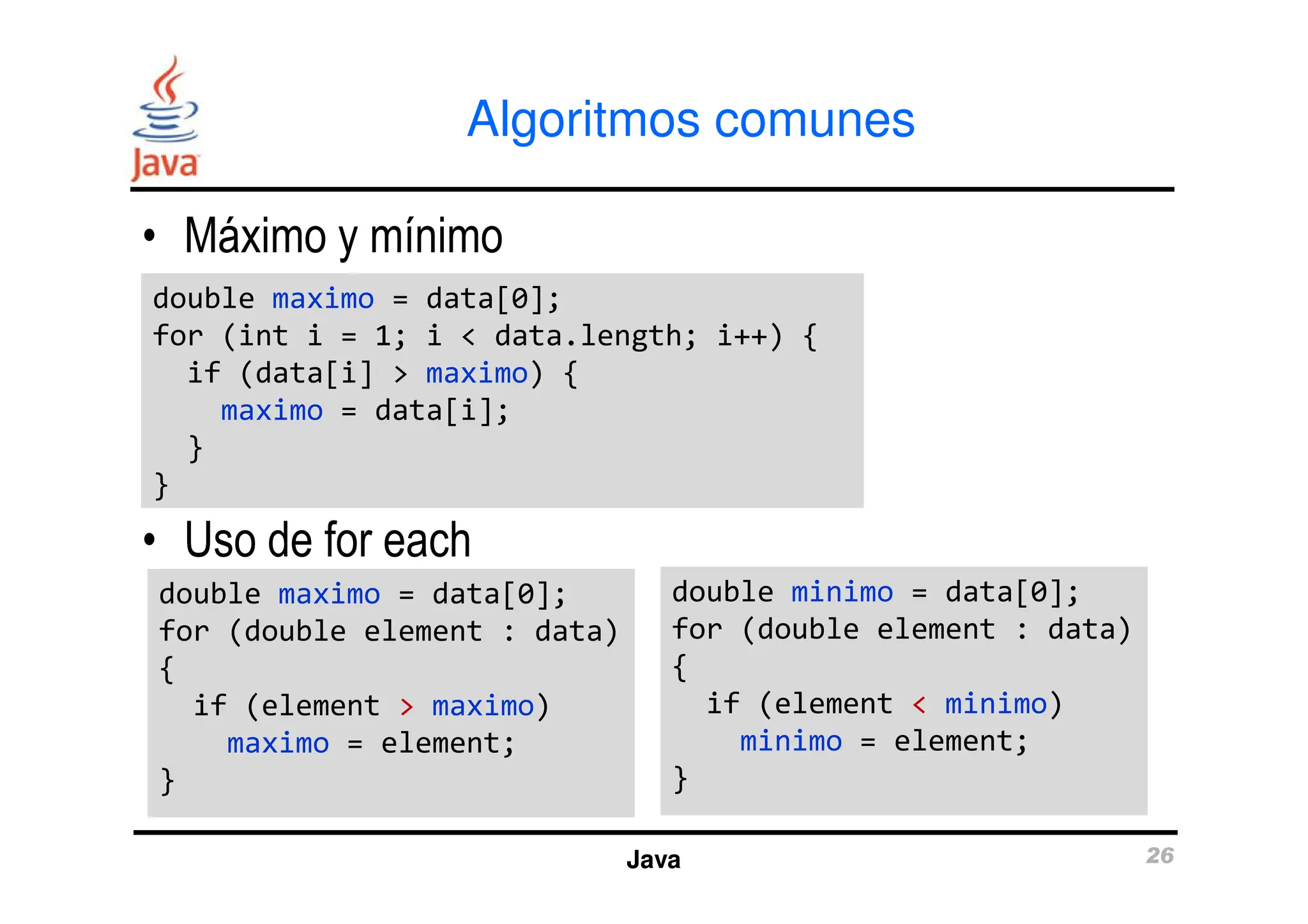 Algoritmos comunes
• Máximo y mínimo
double maximo = data[0];
for (int i = 1; i < data.length; i++) {
if (data[i] > maximo) {
maximo = data[i];
}
double maximo = data[0];
for (int i = 1; i < data.length; i++) {
if (data[i] > maximo) {
maximo = data[i];
}
Java 26
• Uso de for each
}
}
}
}
double maximo = data[0];
for (double element : data)
{
if (element > maximo)
maximo = element;
}
double maximo = data[0];
for (double element : data)
{
if (element > maximo)
maximo = element;
}
double minimo = data[0];
for (double element : data)
{
if (element < minimo)
minimo = element;
}
double minimo = data[0];
for (double element : data)
{
if (element < minimo)
minimo = element;
}
 