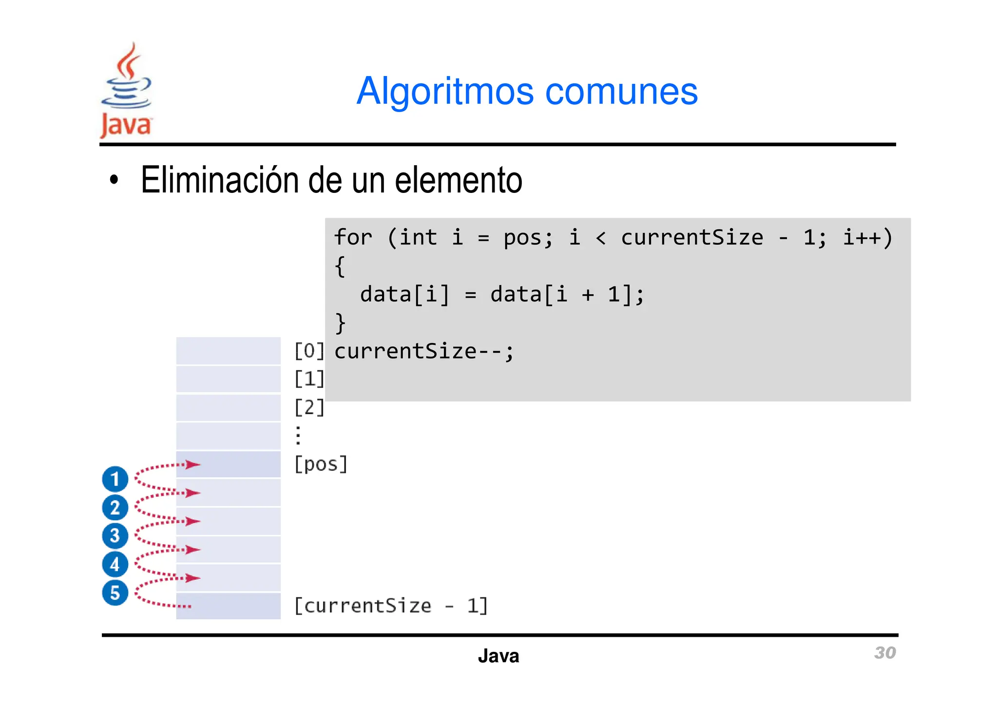 Algoritmos comunes
• Eliminación de un elemento
for (int i = pos; i < currentSize - 1; i++)
{
data[i] = data[i + 1];
}
currentSize--;
for (int i = pos; i < currentSize - 1; i++)
{
data[i] = data[i + 1];
}
currentSize--;
Java 30
currentSize--;
currentSize--;
 
