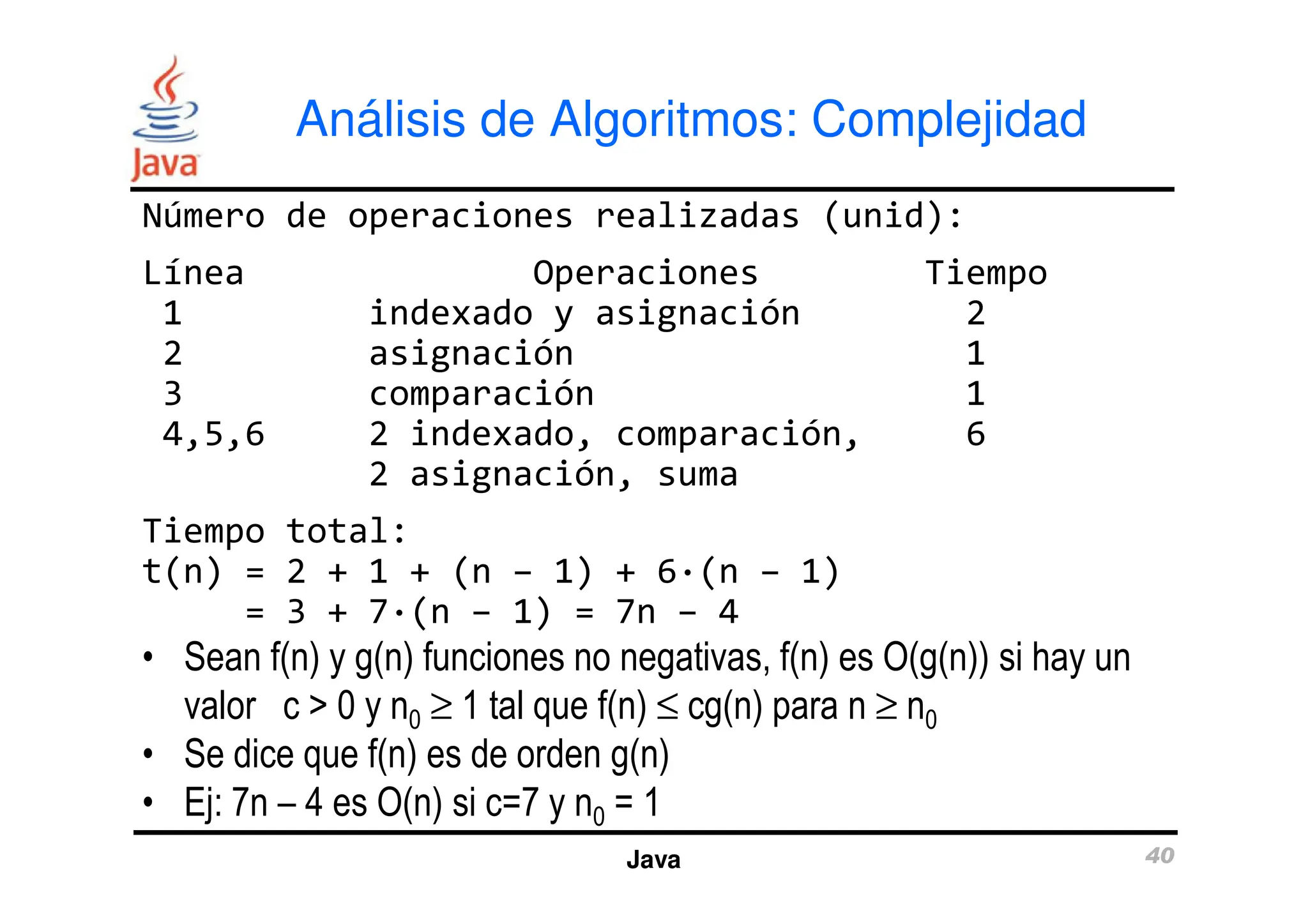 Análisis de Algoritmos: Complejidad
Número de operaciones realizadas (unid):
Línea Operaciones Tiempo
1 indexado y asignación 2
2 asignación 1
3 comparación 1
4,5,6 2 indexado, comparación, 6
2 asignación, suma
Java 40
2 asignación, suma
Tiempo total:
t(n) = 2 + 1 + (n – 1) + 6·(n – 1)
= 3 + 7·(n – 1) = 7n – 4
• Sean f(n) y g(n) funciones no negativas, f(n) es O(g(n)) si hay un
valor c > 0 y n0 ≥ 1 tal que f(n) ≤ cg(n) para n ≥ n0
• Se dice que f(n) es de orden g(n)
• Ej: 7n – 4 es O(n) si c=7 y n0 = 1
 
