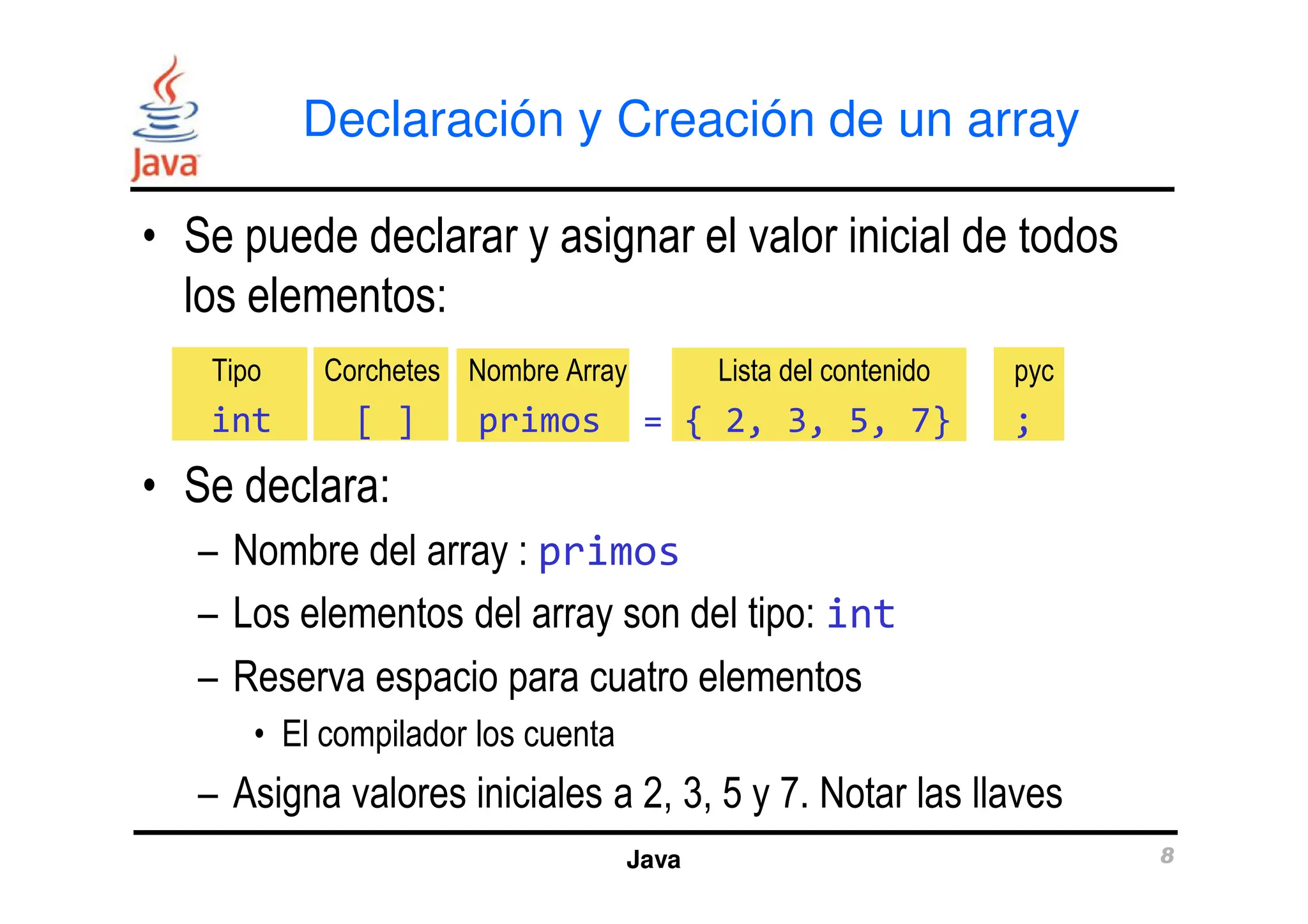Declaración y Creación de un array
• Se puede declarar y asignar el valor inicial de todos
los elementos:
Tipo Corchetes Nombre Array Lista del contenido pyc
int [ ] primos = { 2, 3, 5, 7} ;
• Se declara:
Java 8
• Se declara:
– Nombre del array : primos
– Los elementos del array son del tipo: int
– Reserva espacio para cuatro elementos
• El compilador los cuenta
– Asigna valores iniciales a 2, 3, 5 y 7. Notar las llaves
 