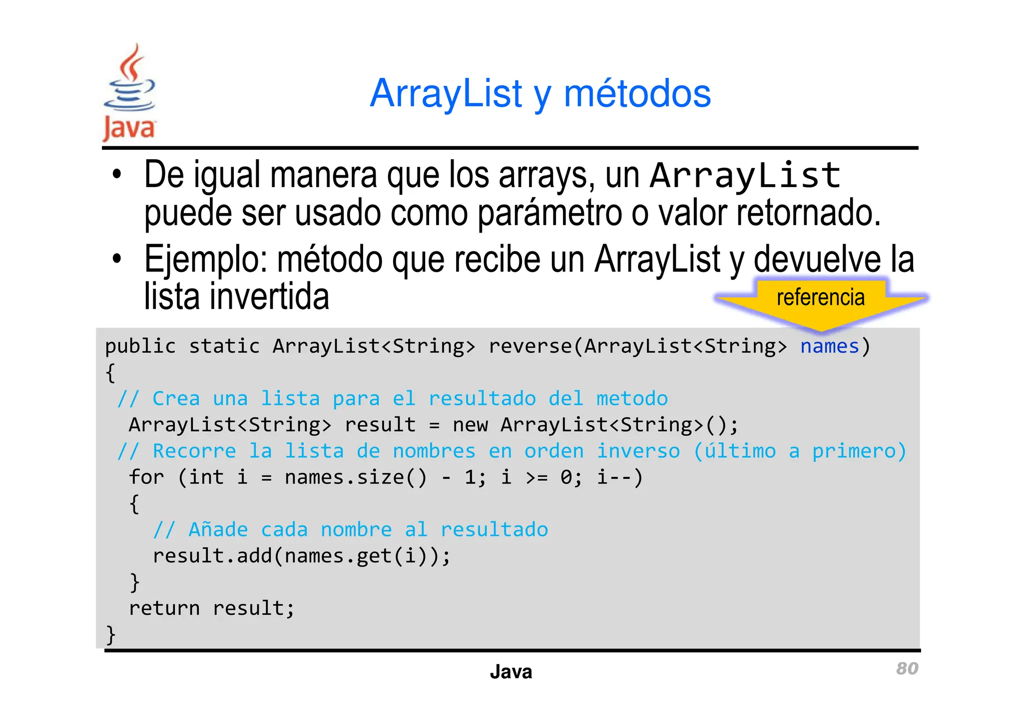 ArrayList y métodos
• De igual manera que los arrays, un ArrayList
puede ser usado como parámetro o valor retornado.
• Ejemplo: método que recibe un ArrayList y devuelve la
lista invertida
public static ArrayList<String> reverse(ArrayList<String> names)
{
public static ArrayList<String> reverse(ArrayList<String> names)
{
referencia
Java 80
{
// Crea una lista para el resultado del metodo
ArrayList<String> result = new ArrayList<String>();
// Recorre la lista de nombres en orden inverso (último a primero)
for (int i = names.size() - 1; i >= 0; i--)
{
// Añade cada nombre al resultado
result.add(names.get(i));
}
return result;
}
{
// Crea una lista para el resultado del metodo
ArrayList<String> result = new ArrayList<String>();
// Recorre la lista de nombres en orden inverso (último a primero)
for (int i = names.size() - 1; i >= 0; i--)
{
// Añade cada nombre al resultado
result.add(names.get(i));
}
return result;
}
 