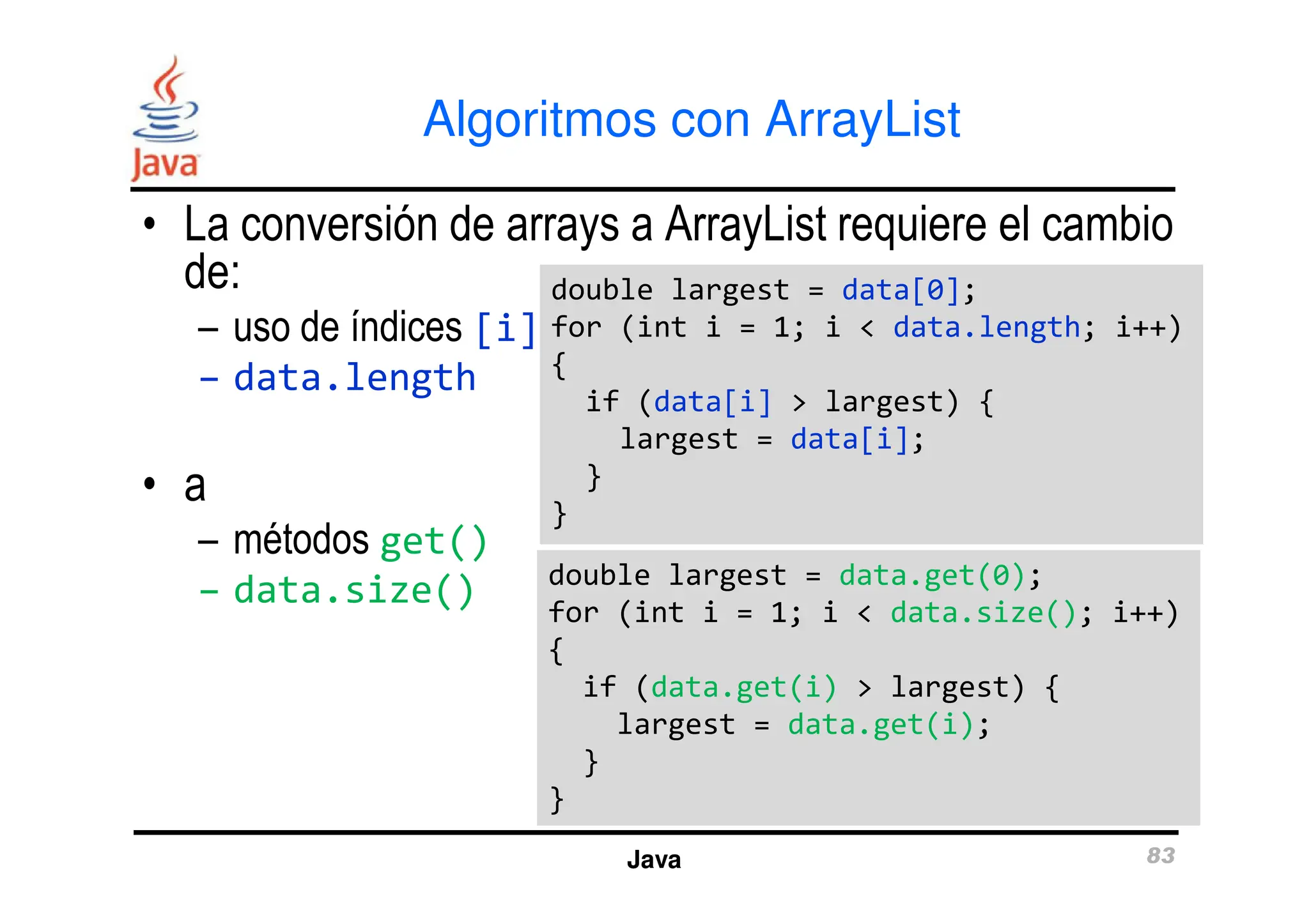 Algoritmos con ArrayList
• La conversión de arrays a ArrayList requiere el cambio
de:
– uso de índices [i]
– data.length
• a
double largest = data[0];
for (int i = 1; i < data.length; i++)
{
if (data[i] > largest) {
largest = data[i];
}
double largest = data[0];
for (int i = 1; i < data.length; i++)
{
if (data[i] > largest) {
largest = data[i];
}
Java 83
• a
– métodos get()
– data.size()
}
}
}
}
double largest = data.get(0);
for (int i = 1; i < data.size(); i++)
{
if (data.get(i) > largest) {
largest = data.get(i);
}
}
double largest = data.get(0);
for (int i = 1; i < data.size(); i++)
{
if (data.get(i) > largest) {
largest = data.get(i);
}
}
 