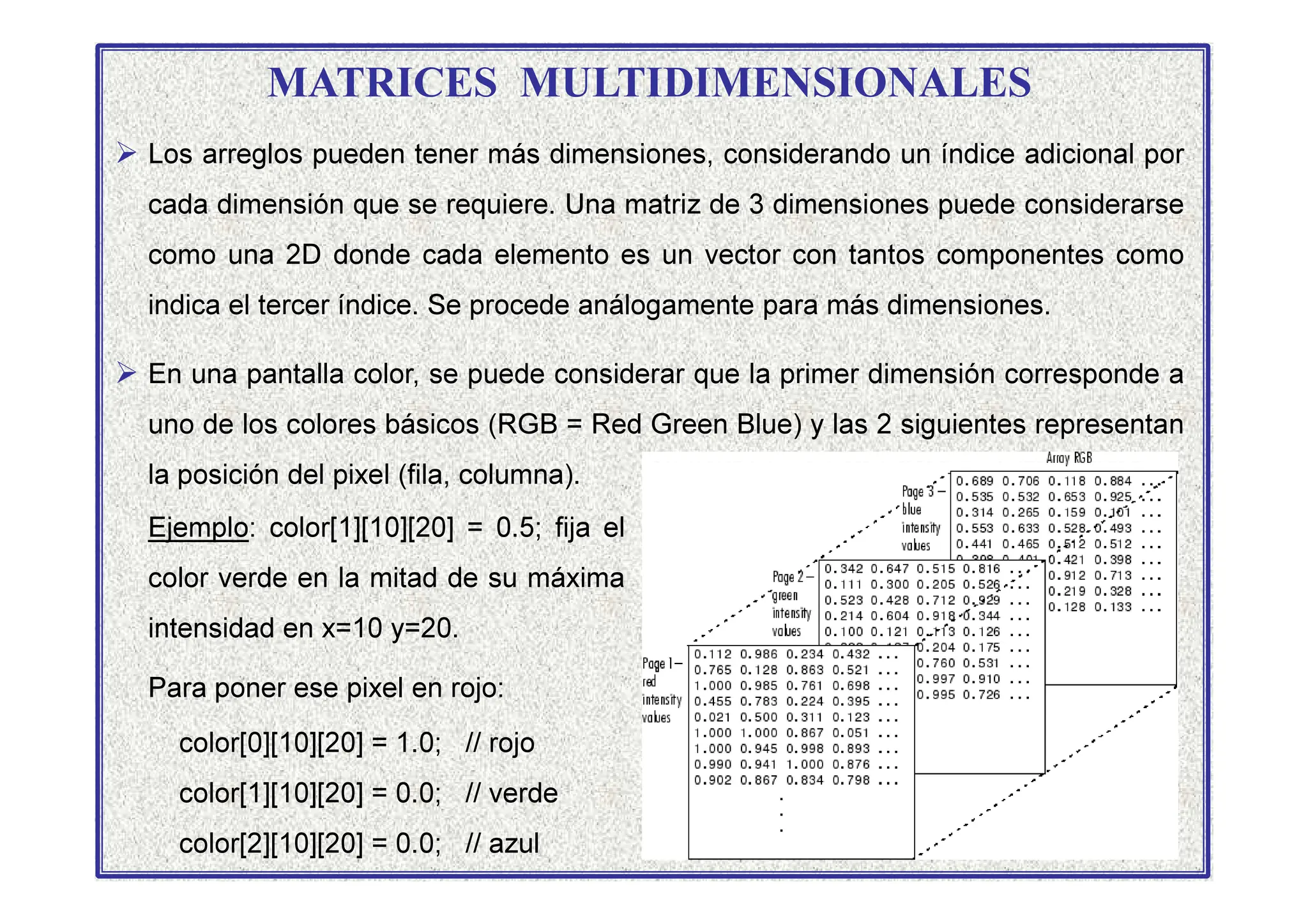 MATRICES MULTIDIMENSIONALES
 Los arreglos pueden tener más dimensiones, considerando un índice adicional por
cada dimensión que se requiere. Una matriz de 3 dimensiones puede considerarse
como una 2D donde cada elemento es un vector con tantos componentes como
indica el tercer índice. Se procede análogamente para más dimensiones.
 En una pantalla color, se puede considerar que la primer dimensión corresponde a
uno de los colores básicos (RGB = Red Green Blue) y las 2 siguientes representan
la posición del pixel (fila, columna).
la posición del pixel (fila, columna).
Ejemplo: color[1][10][20] = 0.5; fija el
color verde en la mitad de su máxima
intensidad en x=10 y=20.
Para poner ese pixel en rojo:
color[0][10][20] = 1.0; // rojo
color[1][10][20] = 0.0; // verde
color[2][10][20] = 0.0; // azul
 