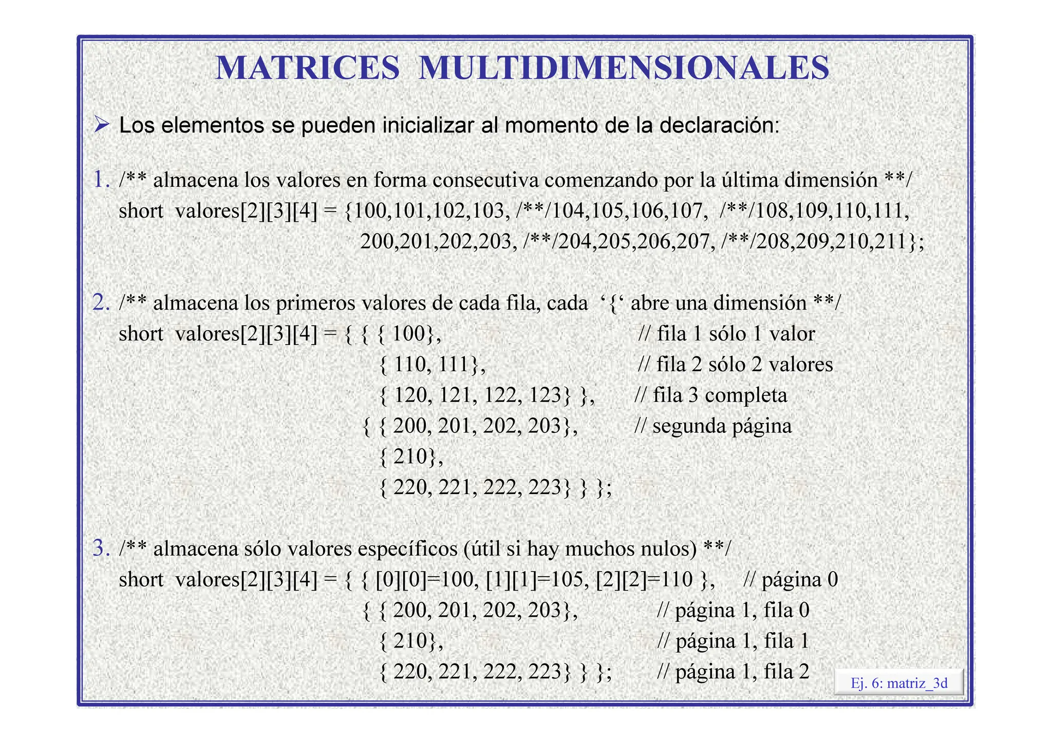 MATRICES MULTIDIMENSIONALES
 Los elementos se pueden inicializar al momento de la declaración:
1. /** almacena los valores en forma consecutiva comenzando por la última dimensión **/
short valores[2][3][4] = {100,101,102,103, /**/104,105,106,107, /**/108,109,110,111,
200,201,202,203, /**/204,205,206,207, /**/208,209,210,211};
2. /** almacena los primeros valores de cada fila, cada ‘{‘ abre una dimensión **/
short valores[2][3][4] = { { { 100}, // fila 1 sólo 1 valor
{ 110, 111}, // fila 2 sólo 2 valores
{ 110, 111}, // fila 2 sólo 2 valores
{ 120, 121, 122, 123} }, // fila 3 completa
{ { 200, 201, 202, 203}, // segunda página
{ 210},
{ 220, 221, 222, 223} } };
3. /** almacena sólo valores específicos (útil si hay muchos nulos) **/
short valores[2][3][4] = { { [0][0]=100, [1][1]=105, [2][2]=110 }, // página 0
{ { 200, 201, 202, 203}, // página 1, fila 0
{ 210}, // página 1, fila 1
{ 220, 221, 222, 223} } }; // página 1, fila 2 Ej. 6: matriz_3d
 