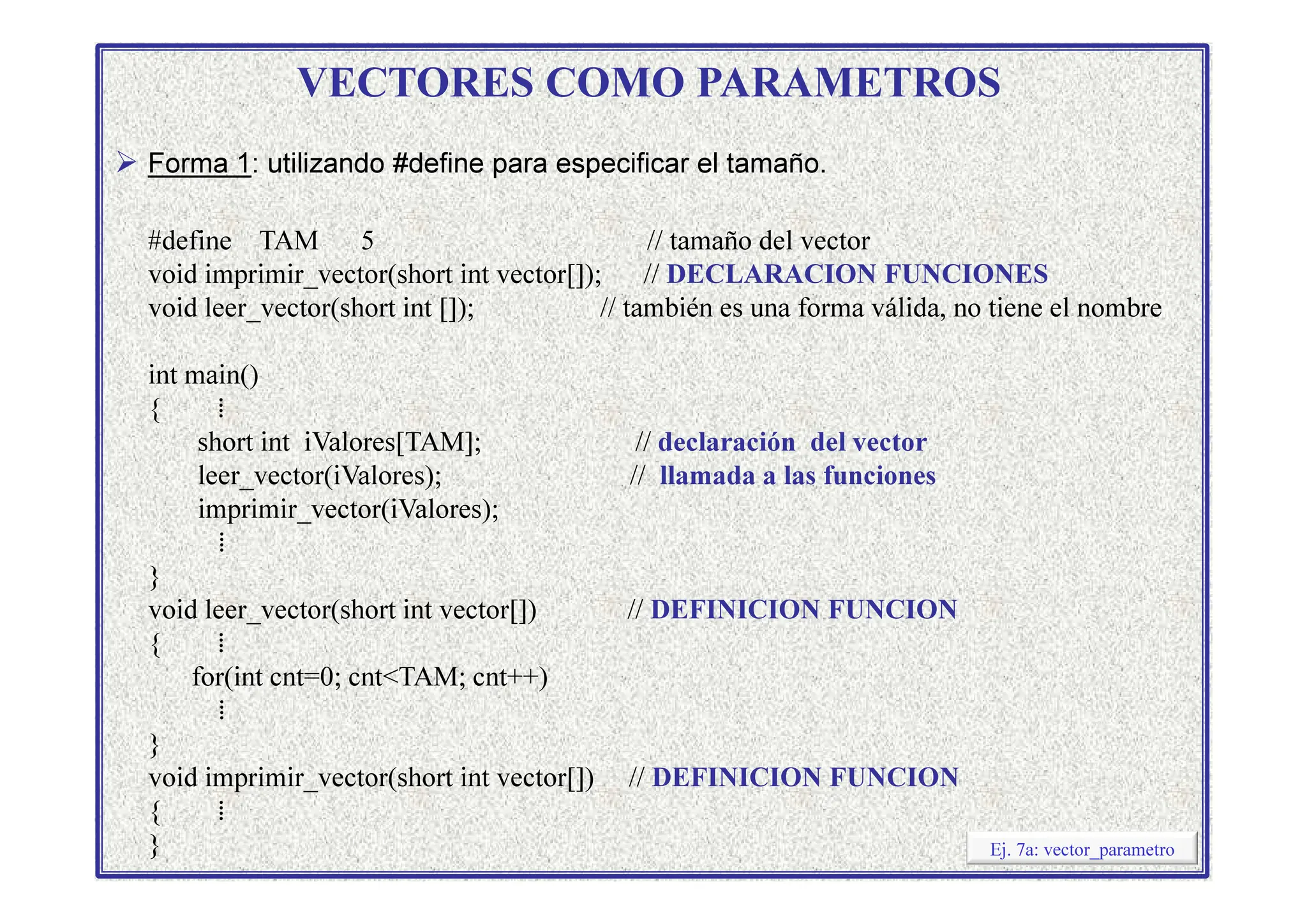 VECTORES COMO PARAMETROS
 Forma 1: utilizando #define para especificar el tamaño.
#define TAM 5 // tamaño del vector
void imprimir_vector(short int vector[]); // DECLARACION FUNCIONES
void leer_vector(short int []); // también es una forma válida, no tiene el nombre
int main()
{ ⁞
short int iValores[TAM]; // declaración del vector
leer_vector(iValores); // llamada a las funciones
leer_vector(iValores); // llamada a las funciones
imprimir_vector(iValores);
⁞
}
void leer_vector(short int vector[]) // DEFINICION FUNCION
{ ⁞
for(int cnt=0; cntTAM; cnt++)
⁞
}
void imprimir_vector(short int vector[]) // DEFINICION FUNCION
{ ⁞
} Ej. 7a: vector_parametro
 