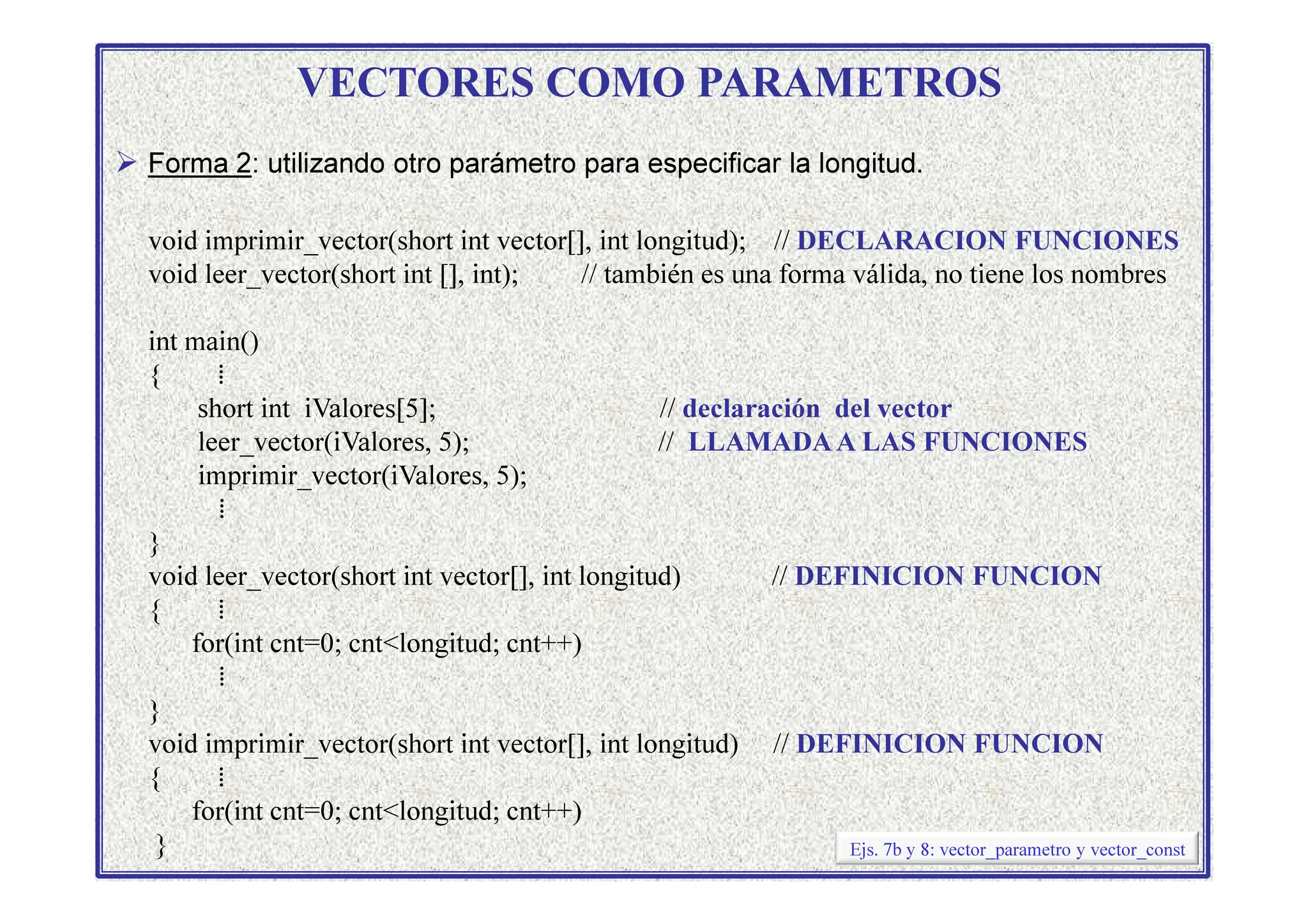 VECTORES COMO PARAMETROS
 Forma 2: utilizando otro parámetro para especificar la longitud.
void imprimir_vector(short int vector[], int longitud); // DECLARACION FUNCIONES
void leer_vector(short int [], int); // también es una forma válida, no tiene los nombres
int main()
{ ⁞
short int iValores[5]; // declaración del vector
leer_vector(iValores, 5); // LLAMADAA LAS FUNCIONES
imprimir_vector(iValores, 5);
imprimir_vector(iValores, 5);
⁞
}
void leer_vector(short int vector[], int longitud) // DEFINICION FUNCION
{ ⁞
for(int cnt=0; cntlongitud; cnt++)
⁞
}
void imprimir_vector(short int vector[], int longitud) // DEFINICION FUNCION
{ ⁞
for(int cnt=0; cntlongitud; cnt++)
} Ejs. 7b y 8: vector_parametro y vector_const
 