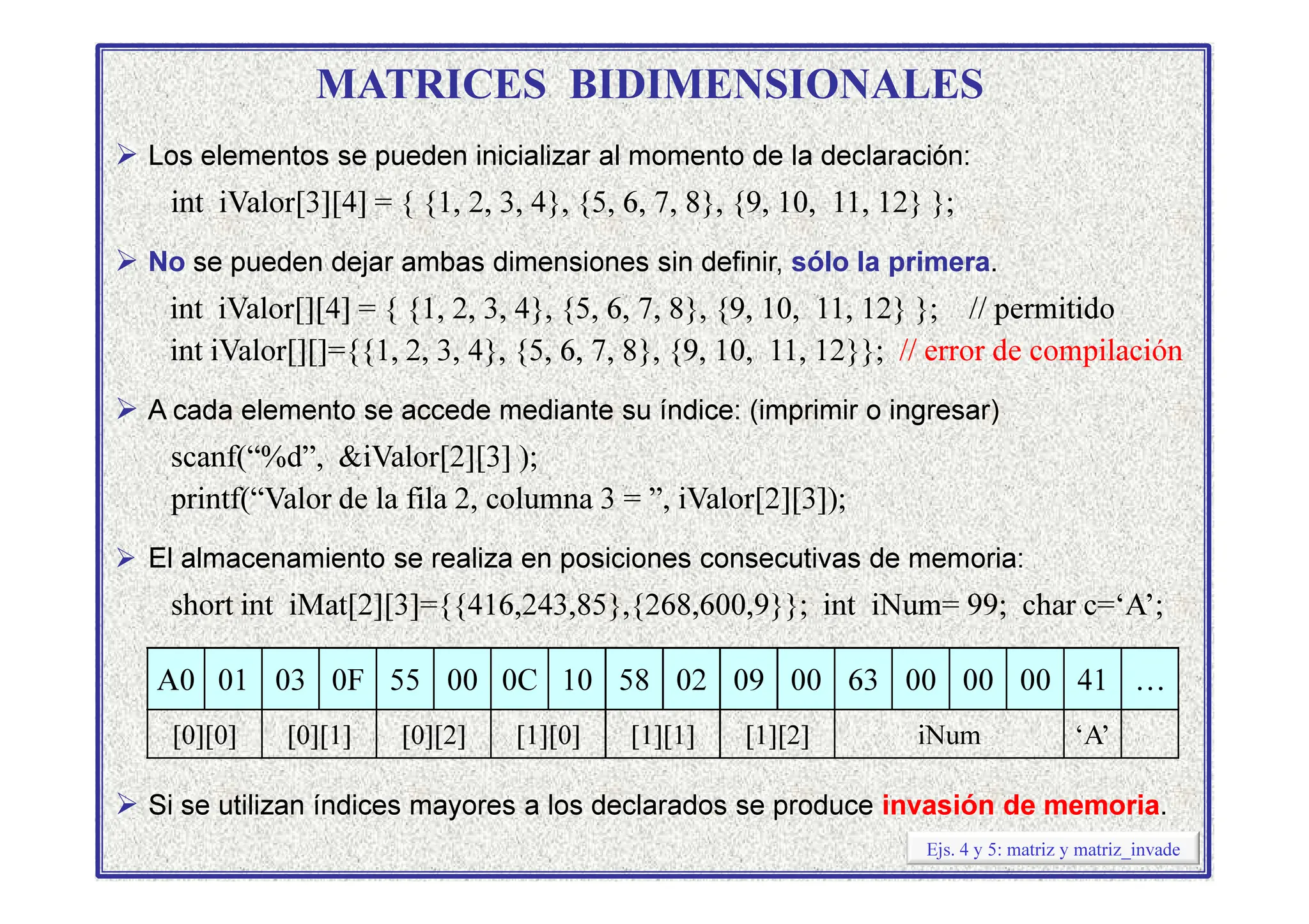 MATRICES BIDIMENSIONALES
 Los elementos se pueden inicializar al momento de la declaración:
int iValor[3][4] = { {1, 2, 3, 4}, {5, 6, 7, 8}, {9, 10, 11, 12} };
 No se pueden dejar ambas dimensiones sin definir, sólo la primera.
int iValor[][4] = { {1, 2, 3, 4}, {5, 6, 7, 8}, {9, 10, 11, 12} }; // permitido
int iValor[][]={{1, 2, 3, 4}, {5, 6, 7, 8}, {9, 10, 11, 12}}; // error de compilación
 A cada elemento se accede mediante su índice: (imprimir o ingresar)
scanf(“%d”, iValor[2][3] );
scanf(“%d”, iValor[2][3] );
printf(“Valor de la fila 2, columna 3 = ”, iValor[2][3]);
 El almacenamiento se realiza en posiciones consecutivas de memoria:
short int iMat[2][3]={{416,243,85},{268,600,9}}; int iNum= 99; char c=‘A’;
 Si se utilizan índices mayores a los declarados se produce invasión de memoria.
A0 01 03 0F 55 00 0C 10 58 02 09 00 63 00 00 00 41 …
[0][0] [0][1] [0][2] [1][0] [1][1] [1][2] iNum ‘A’
Ejs. 4 y 5: matriz y matriz_invade
 