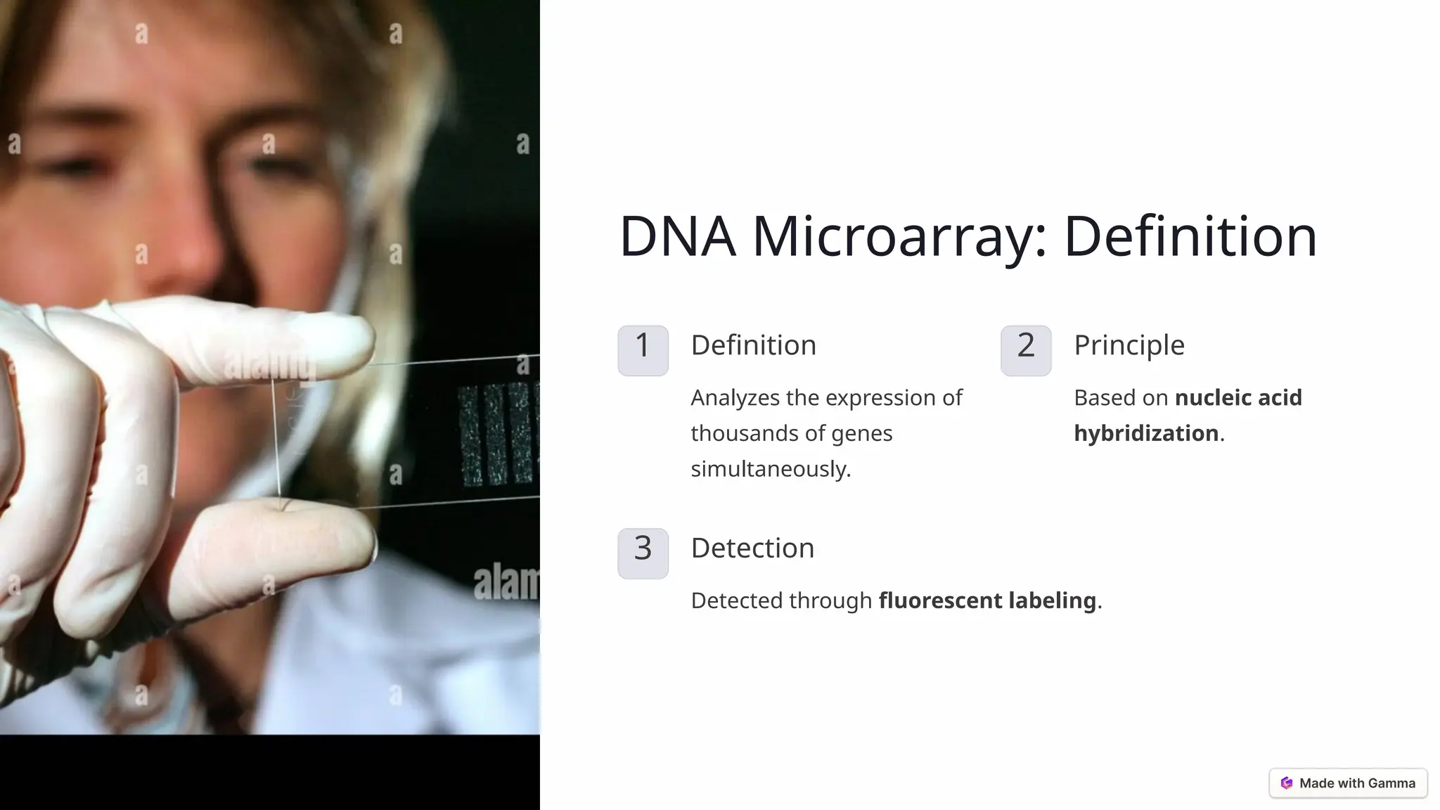 DNA Microarray: Definition 1 Definition Analyzes the expression of thousands of genes simultaneously. 2 Principle Based on nucleic acid hybridization. 3 Detection Detected through fluorescent labeling. 