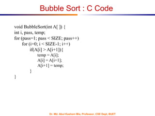 Dr. Md. Abul Kashem Mia, Professor, CSE Dept, BUET
void BubbleSort(int A[ ]) {
int i, pass, temp;
for (pass=1; pass < SIZE; pass++)
for (i=0; i < SIZE-1; i++)
if(A[i] > A[i+1]){
temp = A[i];
A[i] = A[i+1];
A[i+1] = temp;
}
}
Bubble Sort : C Code
 
